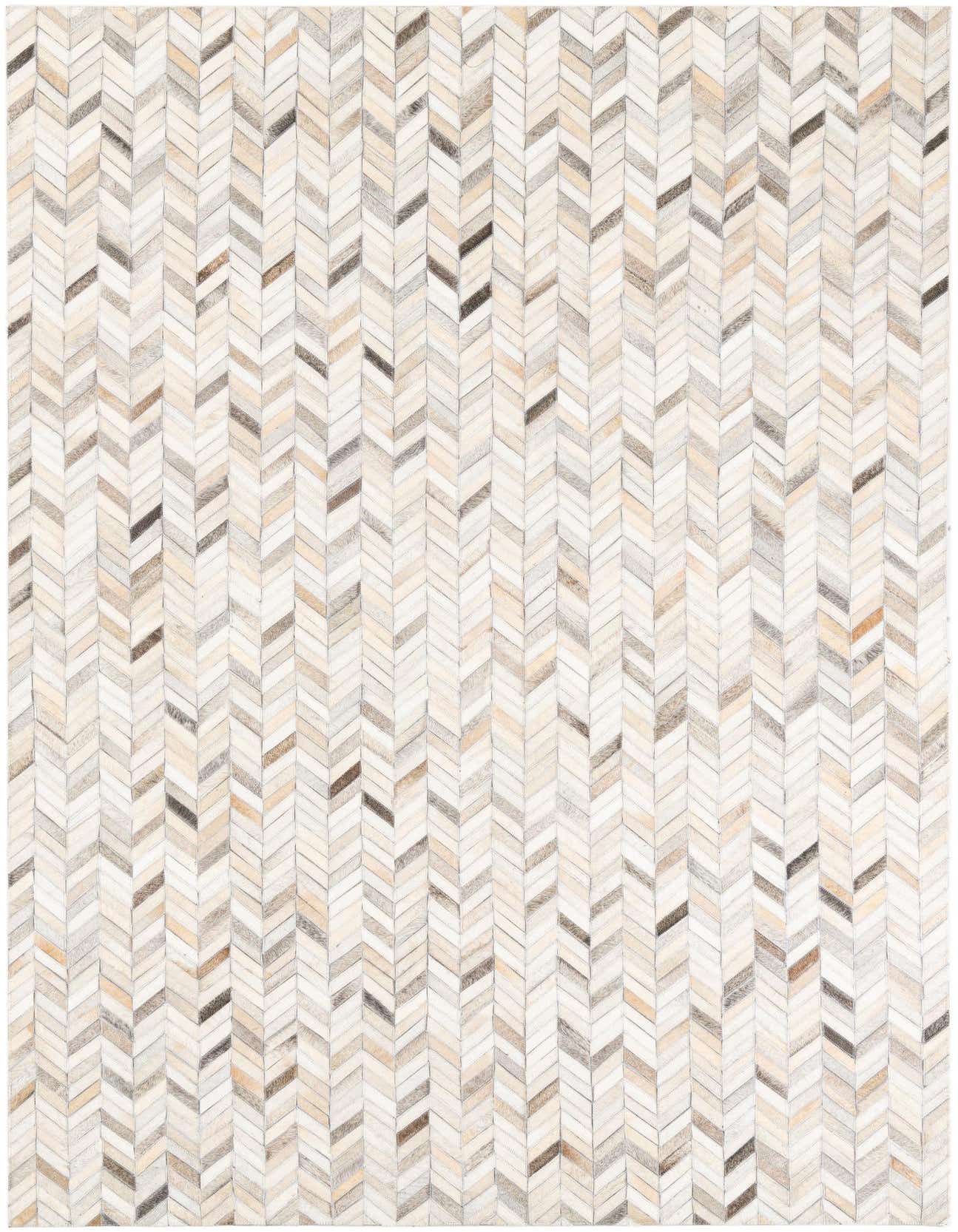 A 5x8 rectangular Cowhide & Leather rug with a multi-colored herringbone pattern in shades of cream, beige, brown, and grey.