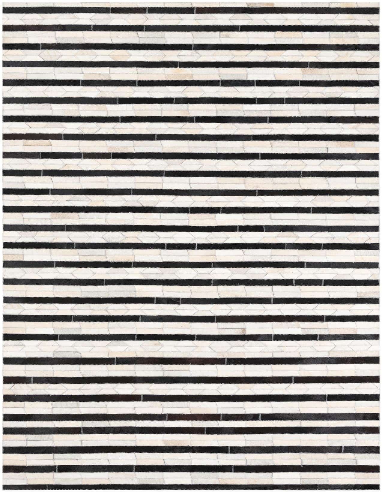 A rectangular 5x8 Cowhide Leather rug featuring a modern abstract pattern of alternating black and off-white horizontal stripes.