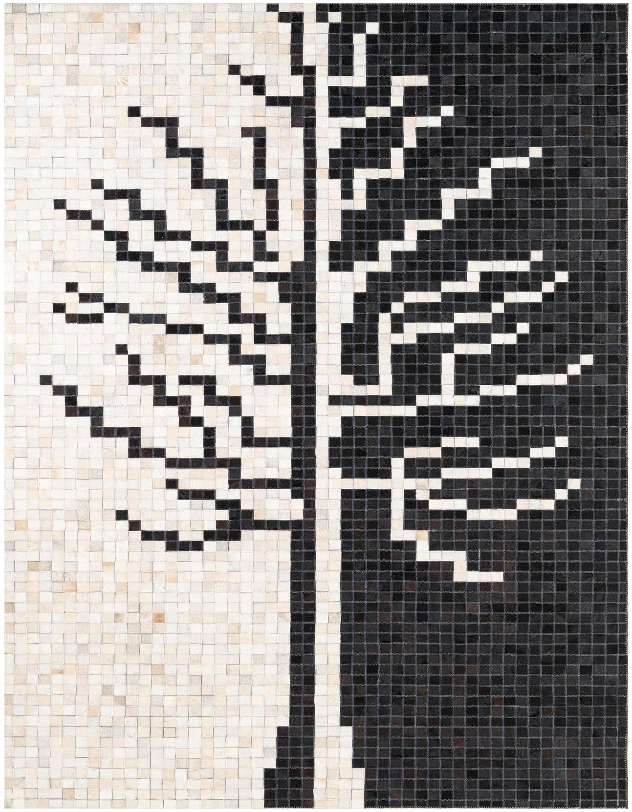 A 5x8 rectangular cowhide rug featuring a modern, abstract tree design in black and white squares.