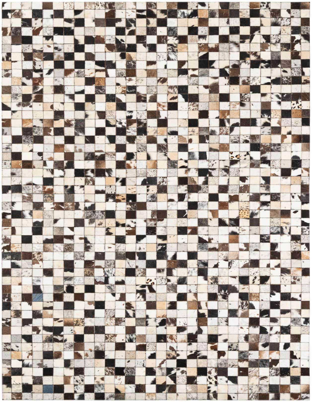 A 5x8 rectangular Cowhide Leather rug featuring a modern, abstract checkerboard pattern in multi-colored natural cowhide patches.