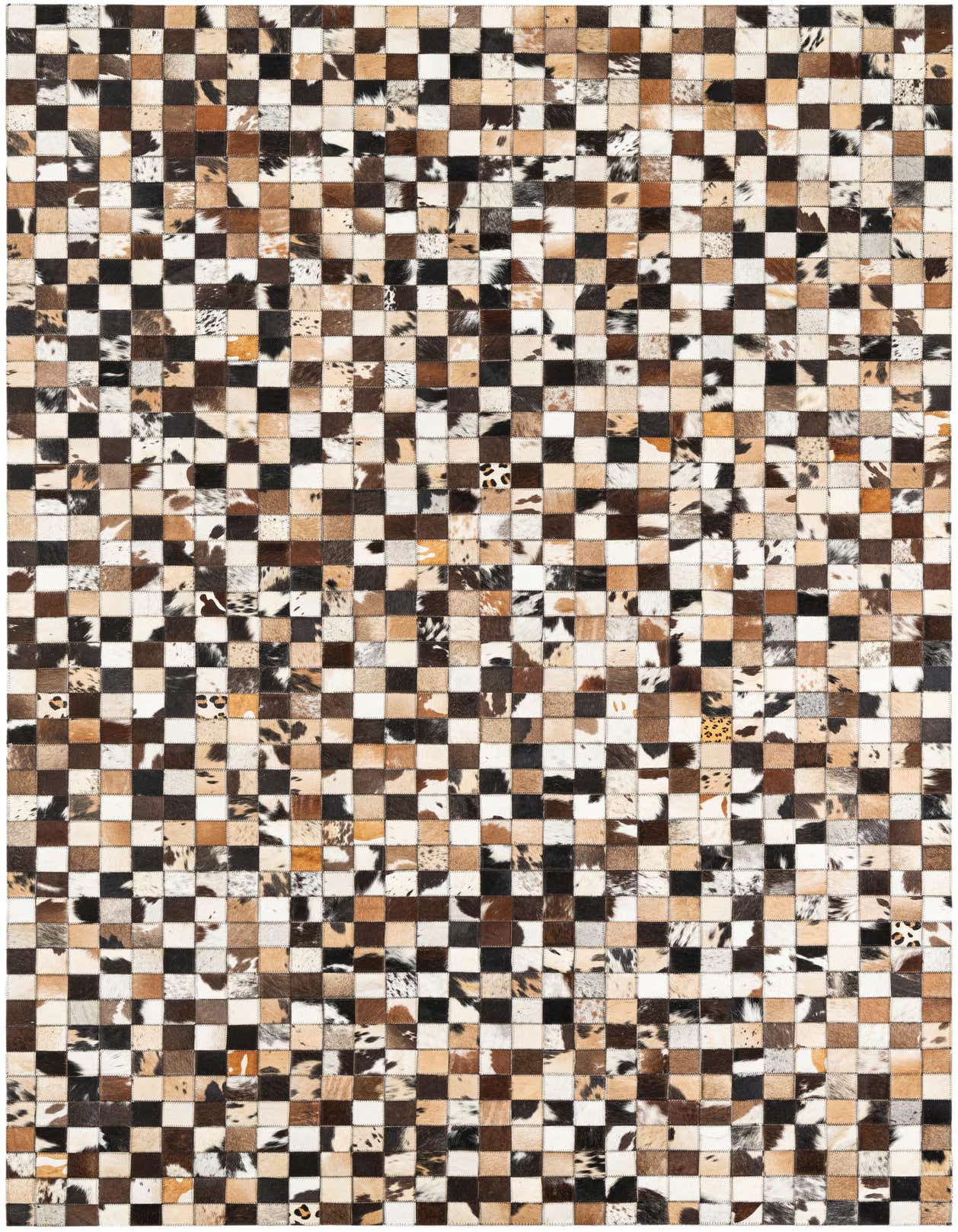 A 5x8 rectangular Cowhide Leather rug featuring a modern, abstract patchwork of multi-colored cowhide squares in various natural brown, black, and white tones.