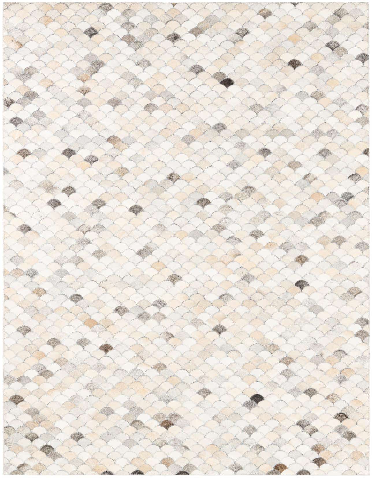 Rectangular Cowhide Leather rug featuring a modern, abstract scallop pattern in various shades of white, beige, and gray.