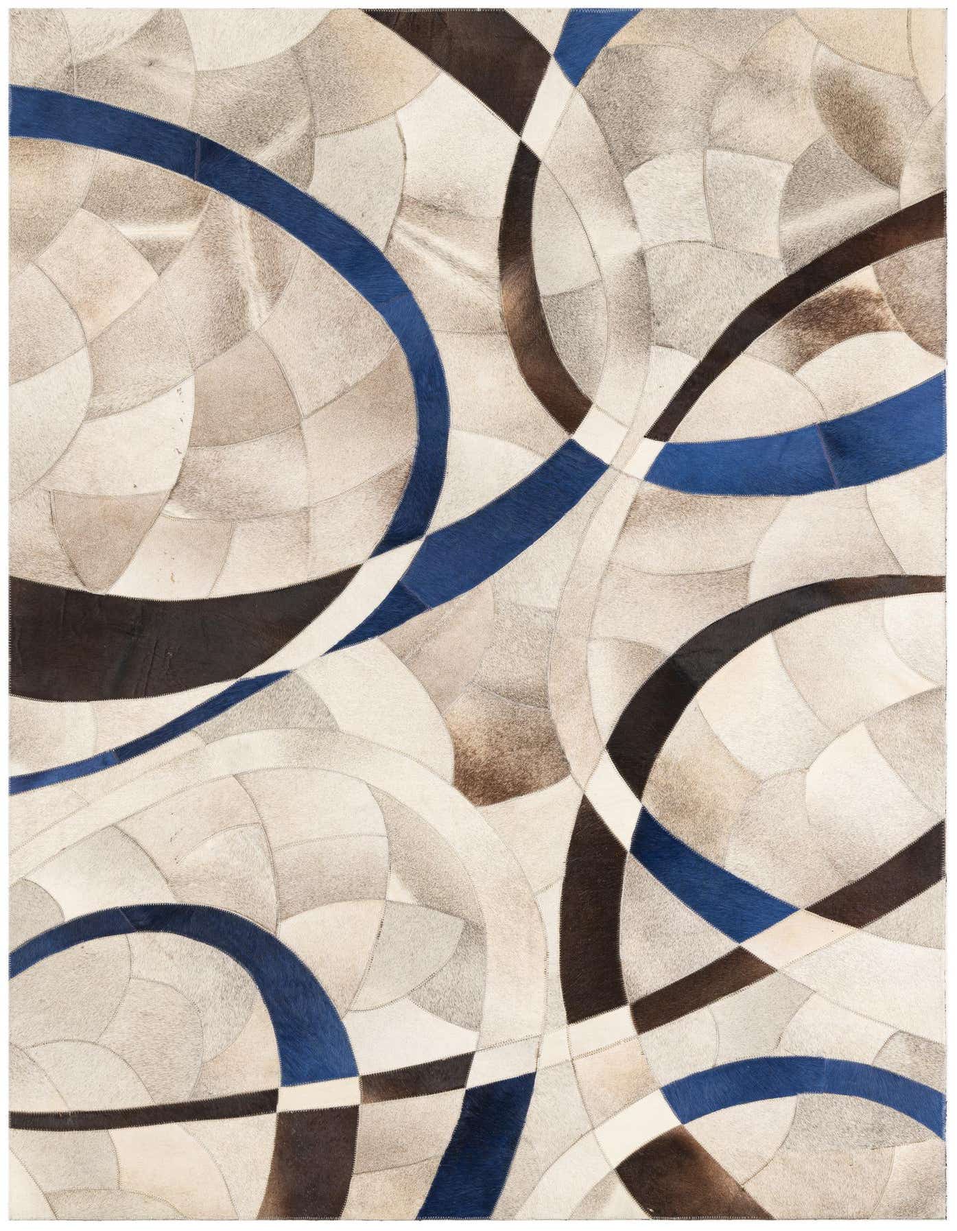 A 5x8 rectangular cowhide rug featuring a multi-colored abstract pattern with blue, brown, and cream curved lines and geometric shapes.