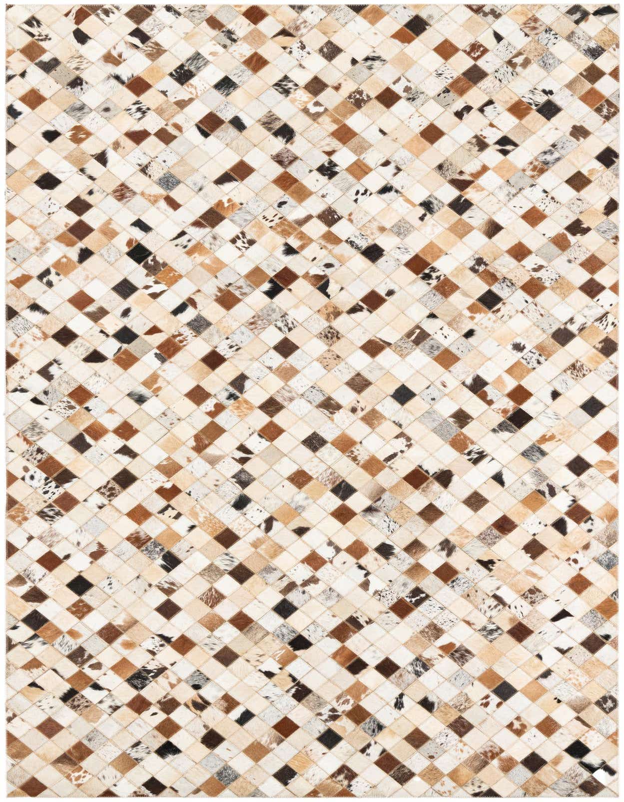 A rectangular 5x8 multi-colored cowhide rug with a modern abstract patchwork of brown, black, and white diamond-shaped leather pieces.
