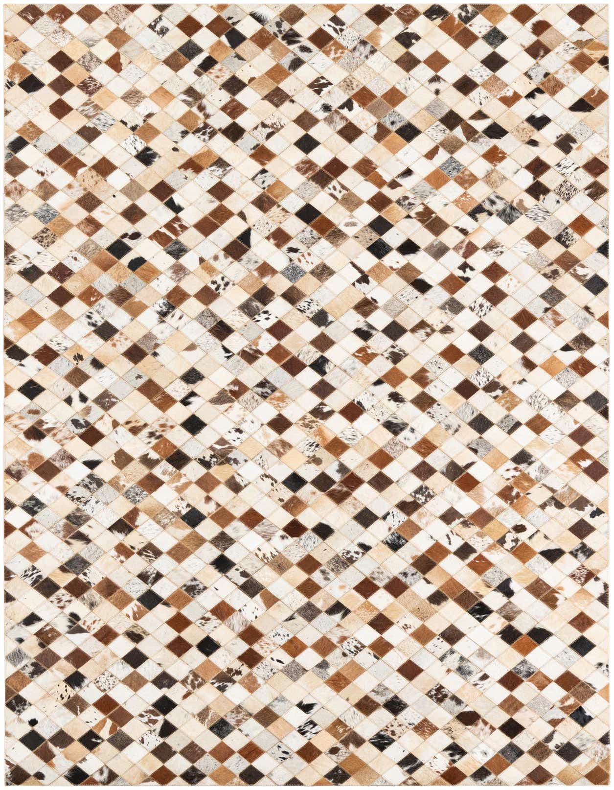 A 5x8 rectangular Cowhide Leather rug featuring a modern, abstract patchwork of multi-colored diamond-shaped cowhide pieces in various natural brown, white, and black tones.