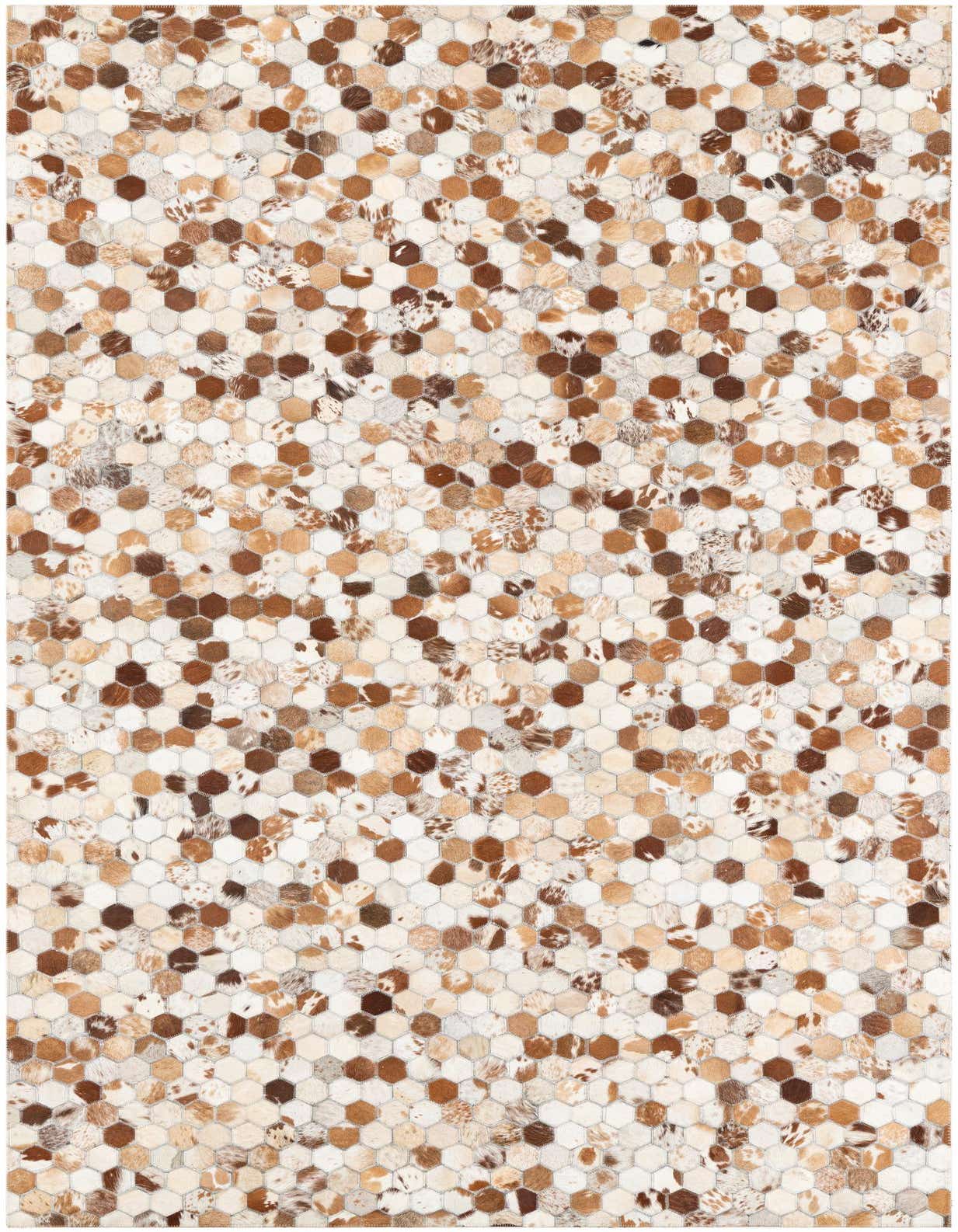 A 5x8 rectangular Cowhide Leather rug featuring a modern, abstract pattern of multi-colored hexagonal patches in brown, beige, and white tones.