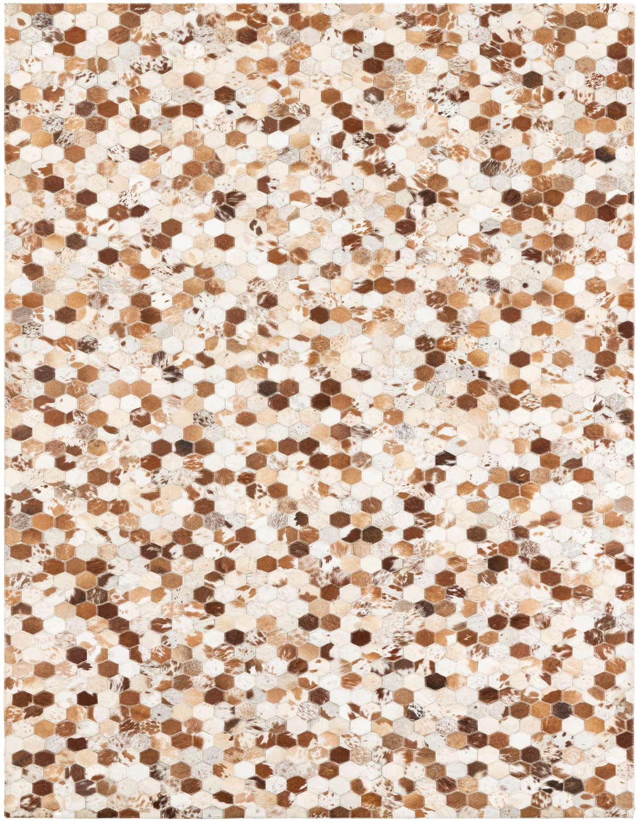 A 5x8 rectangular cowhide rug featuring a modern abstract pattern of multi-colored hexagonal leather patches.