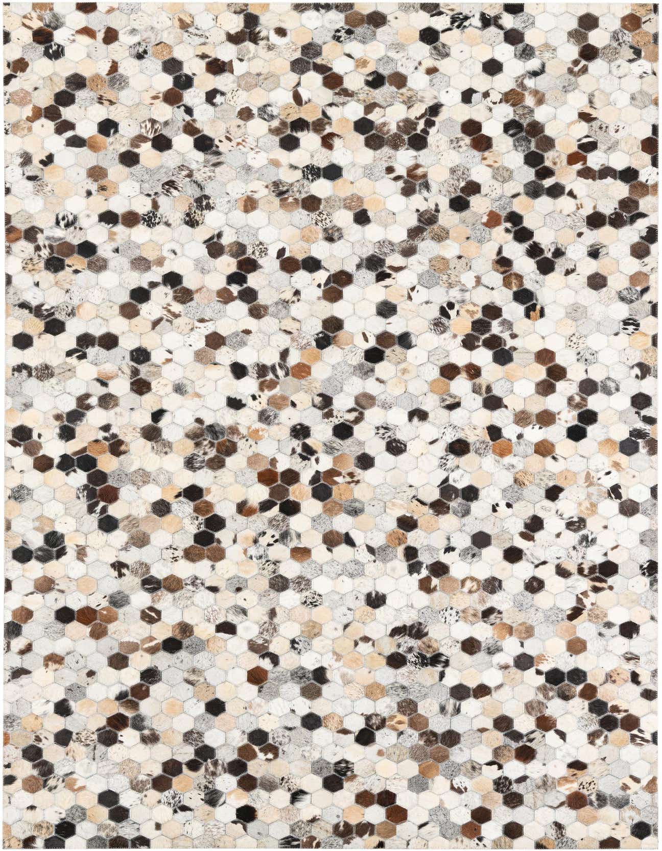 A 5x8 rectangular Cowhide Leather rug featuring a modern, abstract pattern of multi-colored hexagonal patches.