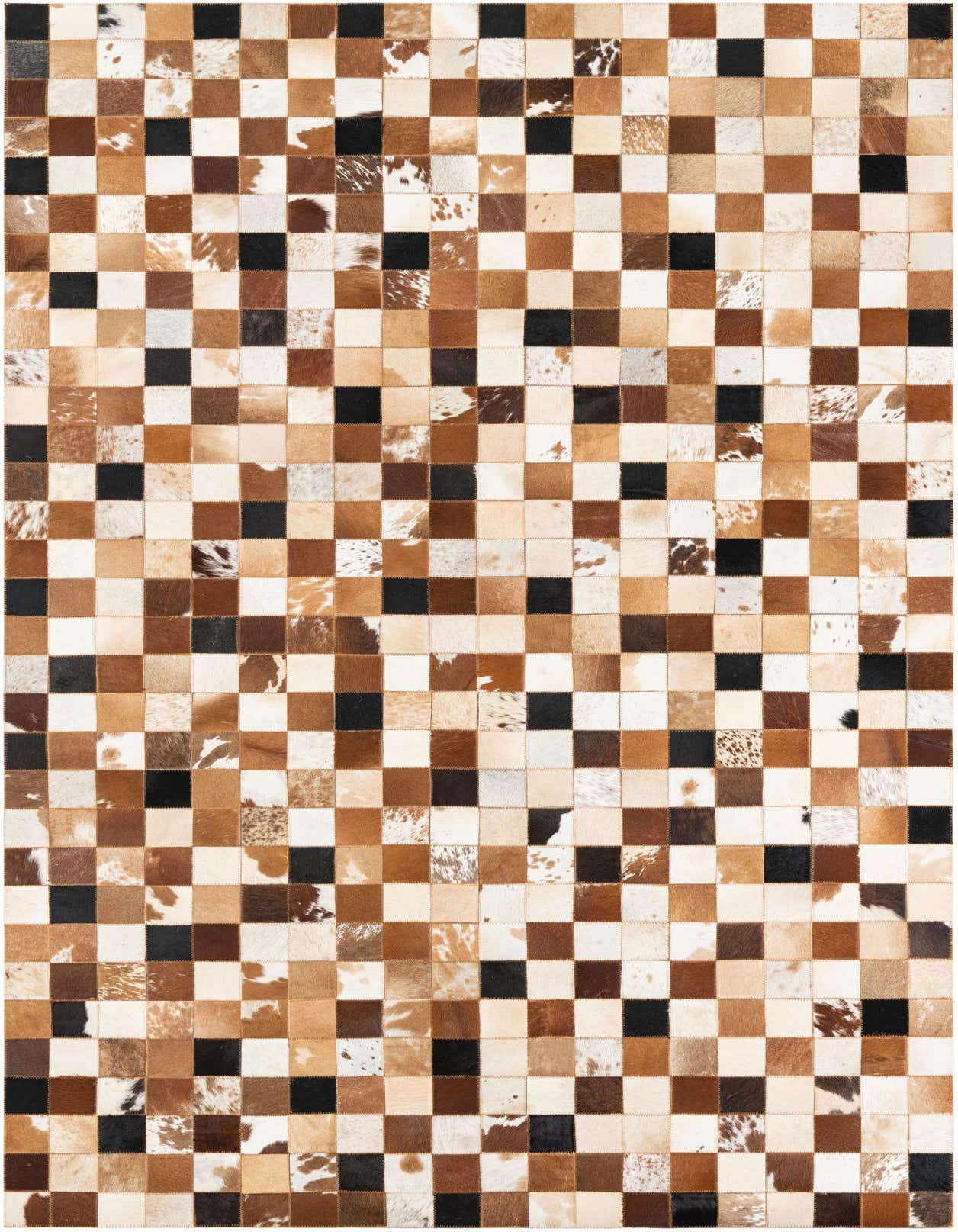 A 5x8 rectangular rug featuring a modern, abstract checkerboard pattern made from multi-colored cowhide and leather patches, ideal for a living room.