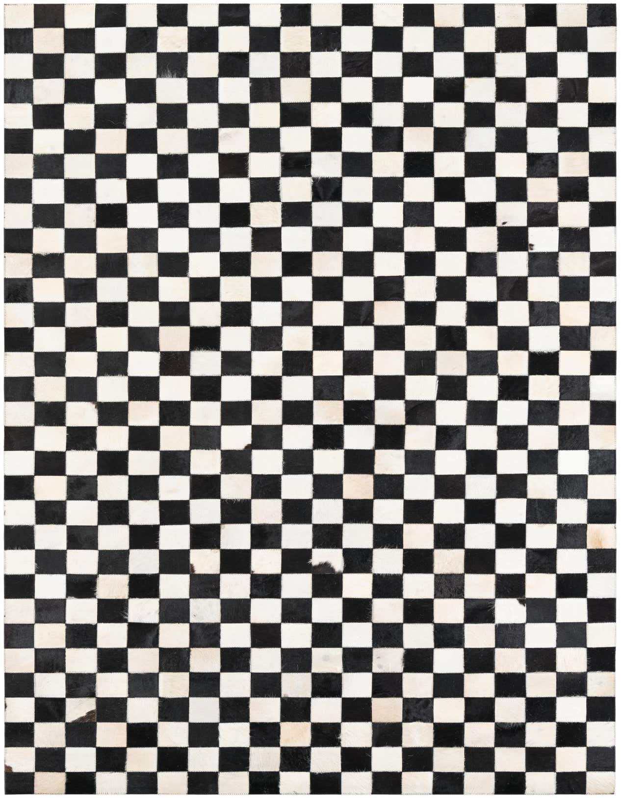 A 5x8 rectangular Cowhide Leather rug featuring a bold, multi-colored checkerboard pattern, ideal for a modern living room.