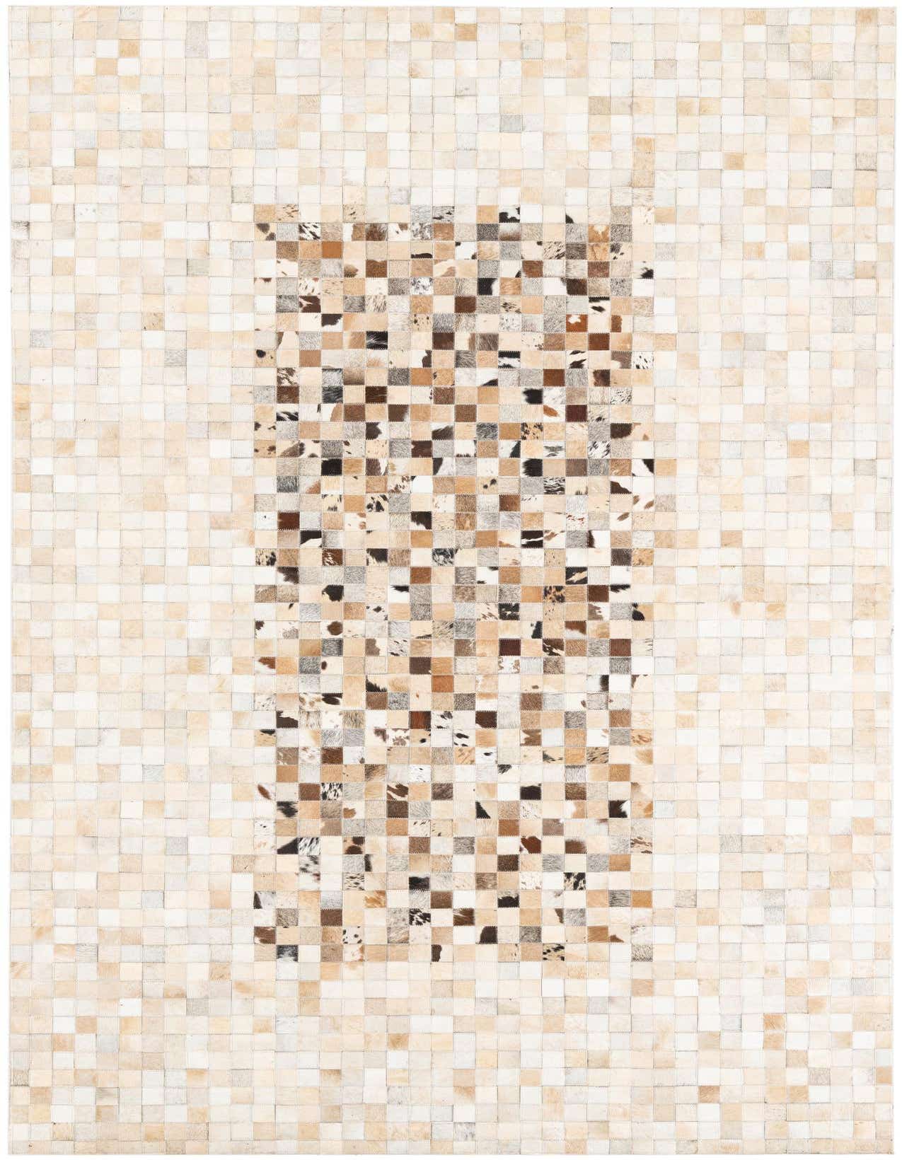 A rectangular 5x8 multi-colored cowhide and leather rug with a modern, abstract patchwork design.