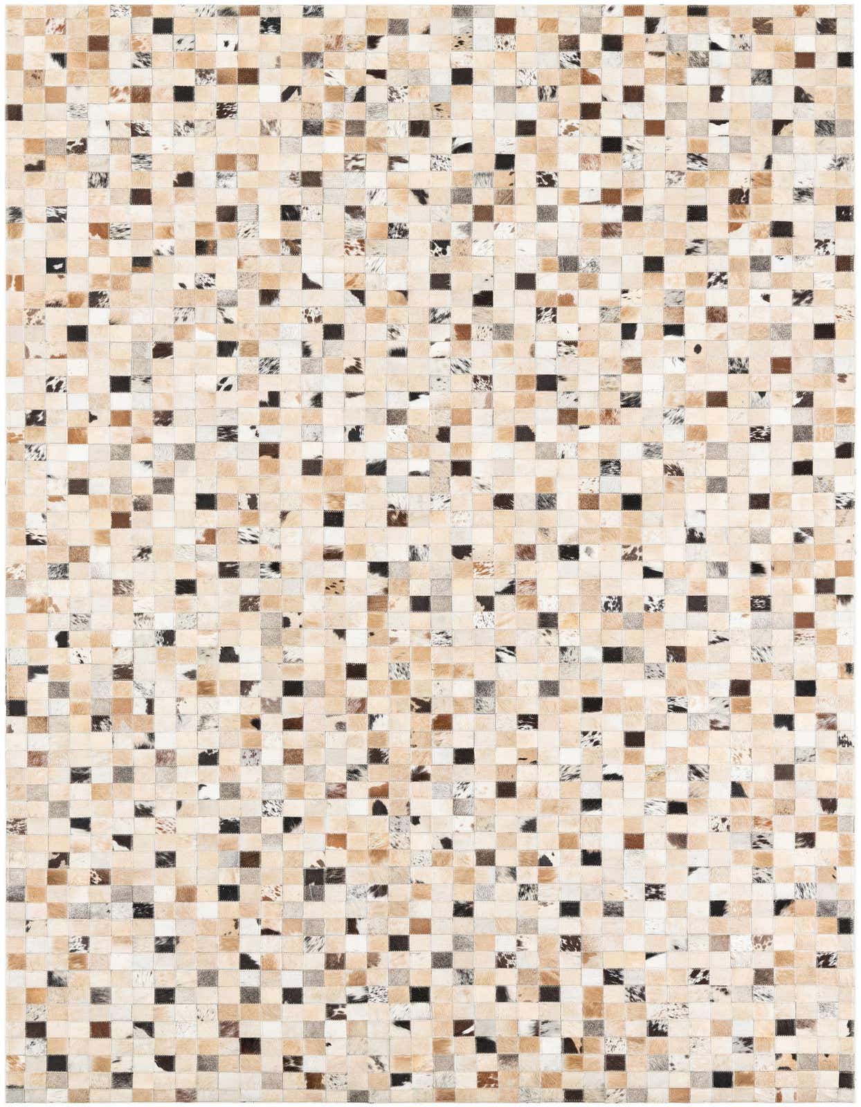 A 5x8 rectangular Cowhide Leather rug featuring an abstract patchwork of multi-colored squares in various natural hide patterns.