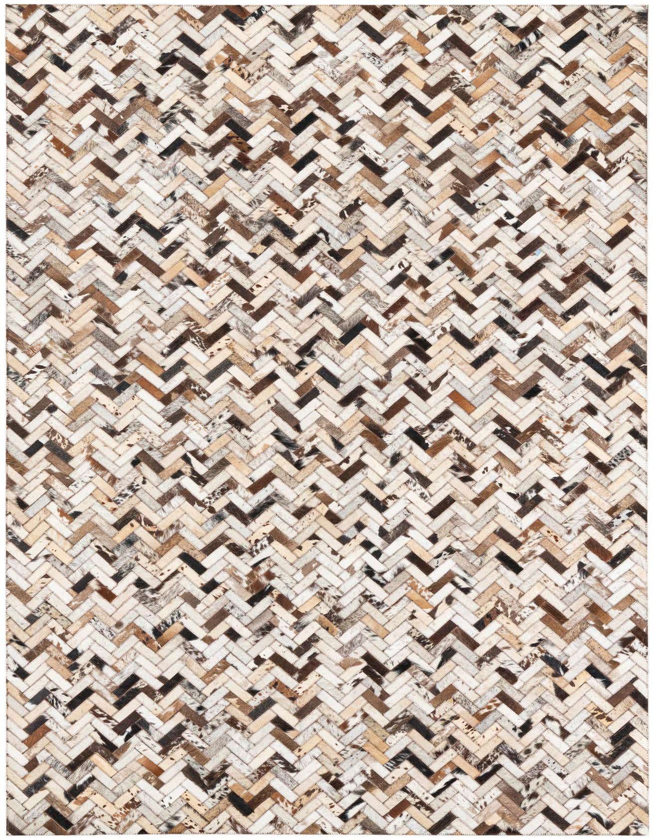 A rectangular 5x8 multi-colored cowhide and leather rug with a modern herringbone pattern, suitable for a living room.