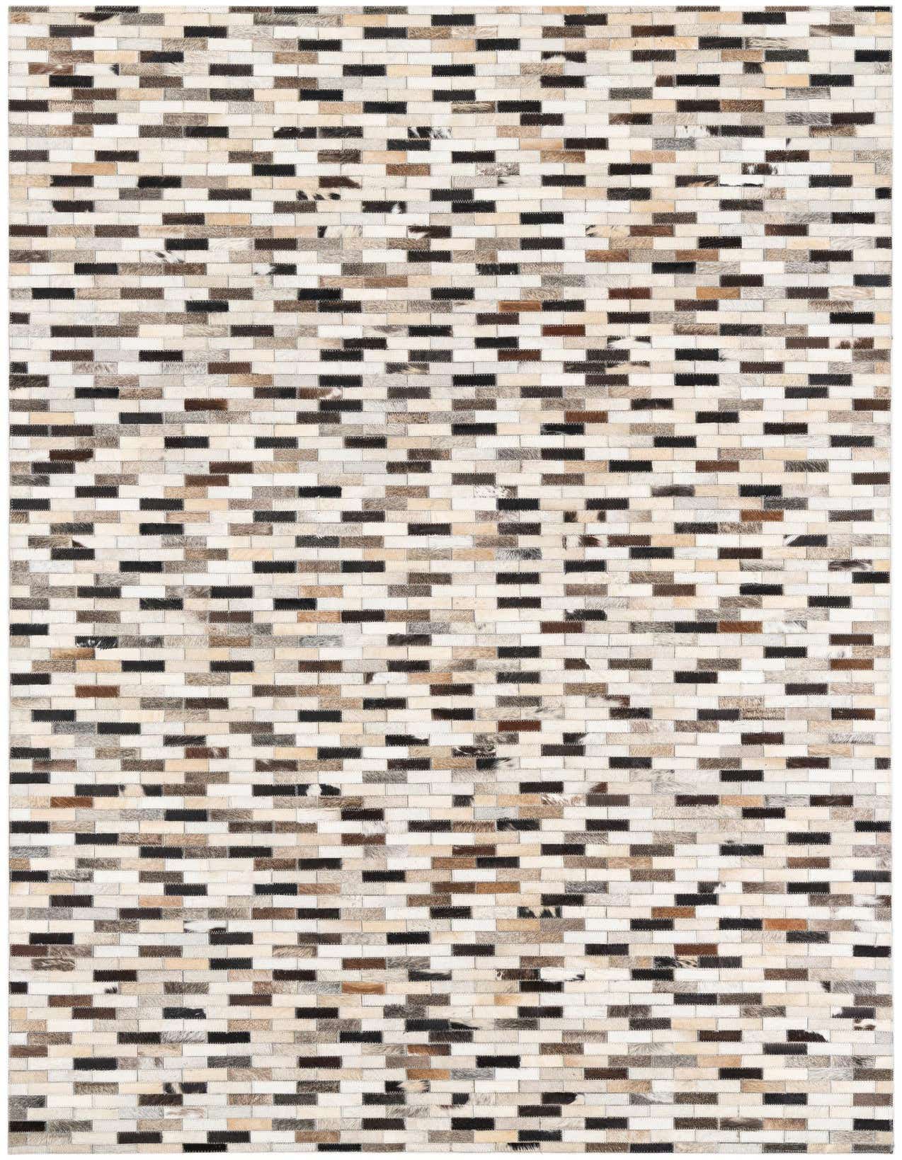 A 5x8 rectangular Cowhide & Leather rug with a modern, abstract pattern of multi-colored brick-like patches.