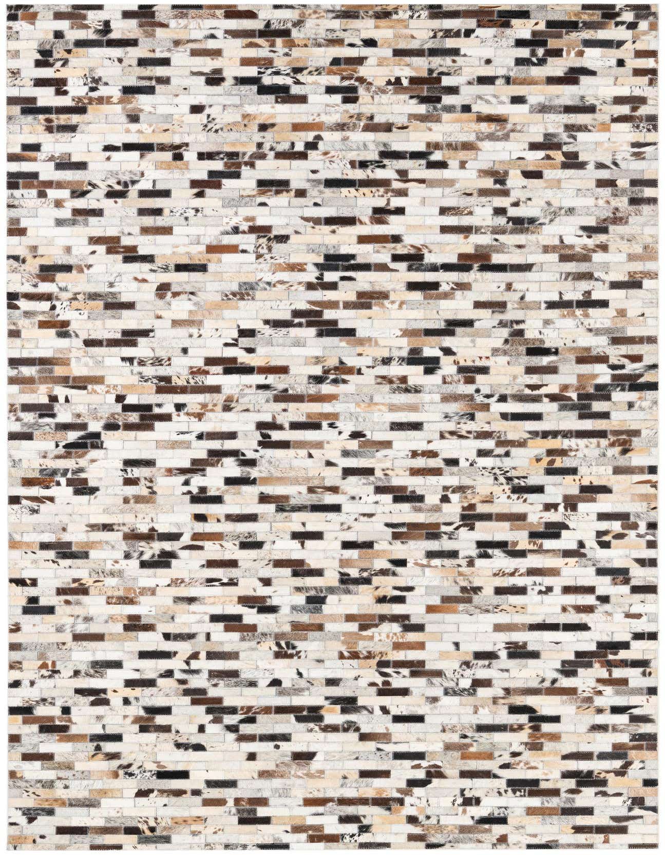 A 5x8 rectangular Cowhide Leather rug featuring a modern stripe pattern in multi-colored patches of brown, black, and white.