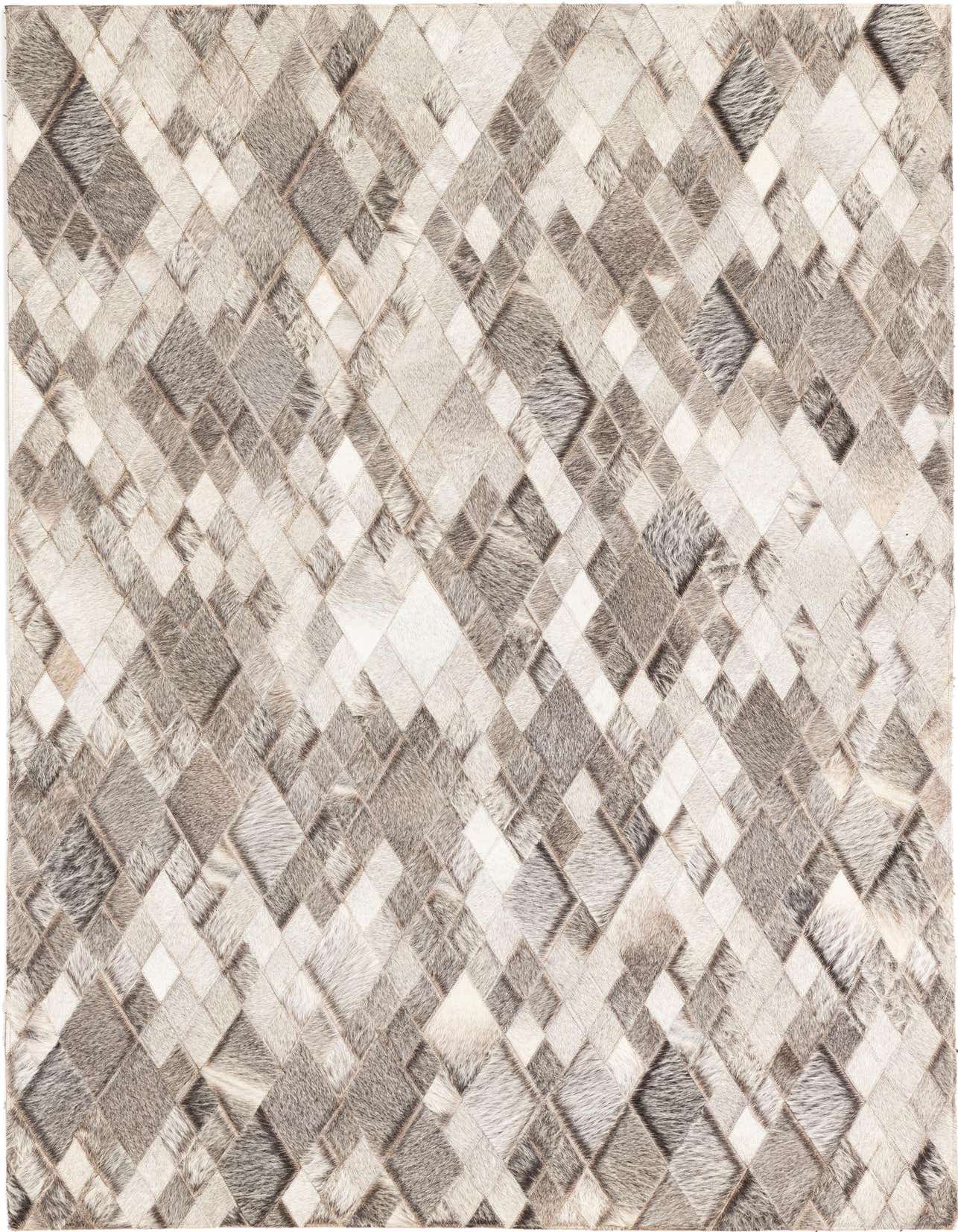 A 4x6 rectangular cowhide rug featuring a modern geometric diamond pattern in varying shades of multi-colored natural cowhide.