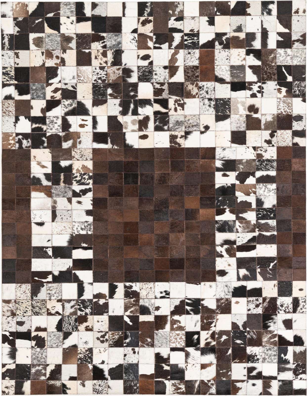 A 5x8 rectangular Cowhide & Leather rug featuring a modern, abstract patchwork design in multi-colored natural cowhide squares.