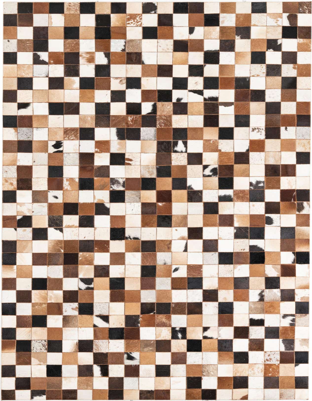A 5x8 rectangular cowhide rug featuring a modern checkerboard pattern in varied shades of brown, black, and white.