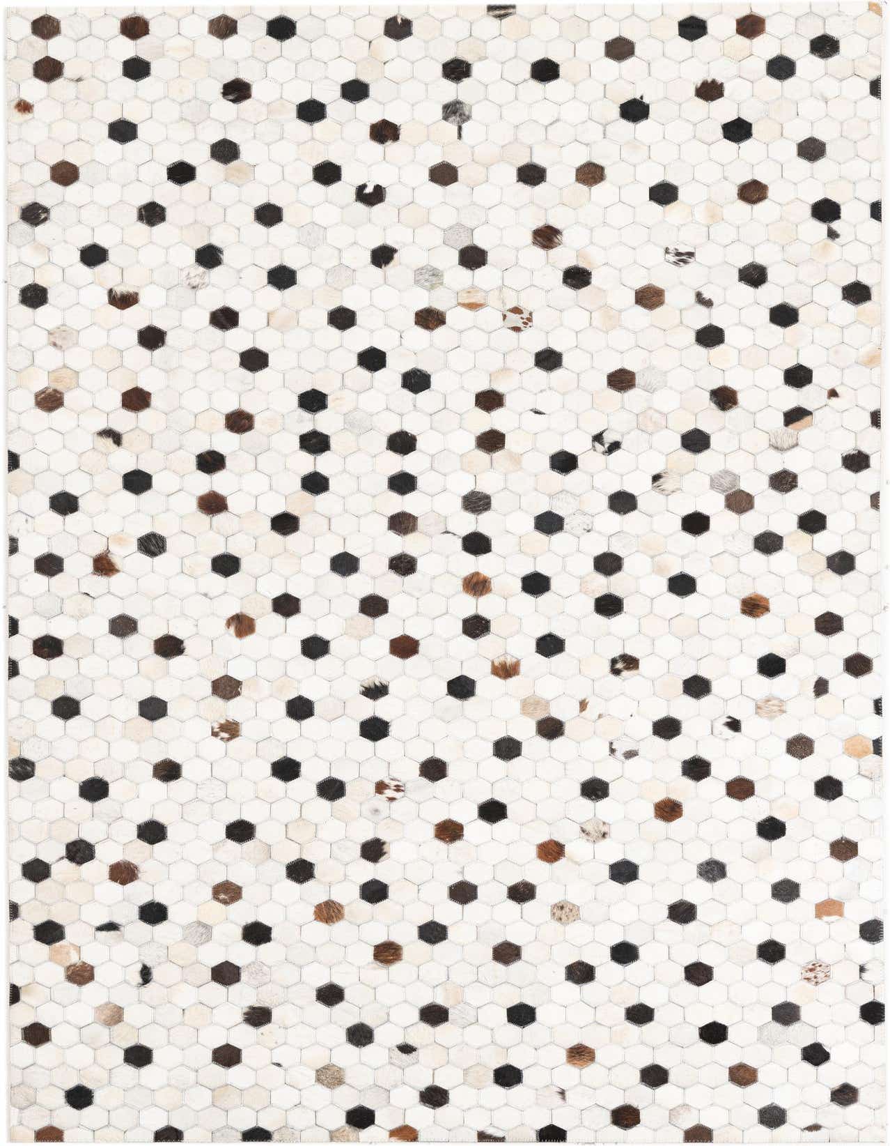 A 5x8 rectangular Cowhide Leather rug featuring a modern, abstract pattern of multi-colored hexagonal patches.