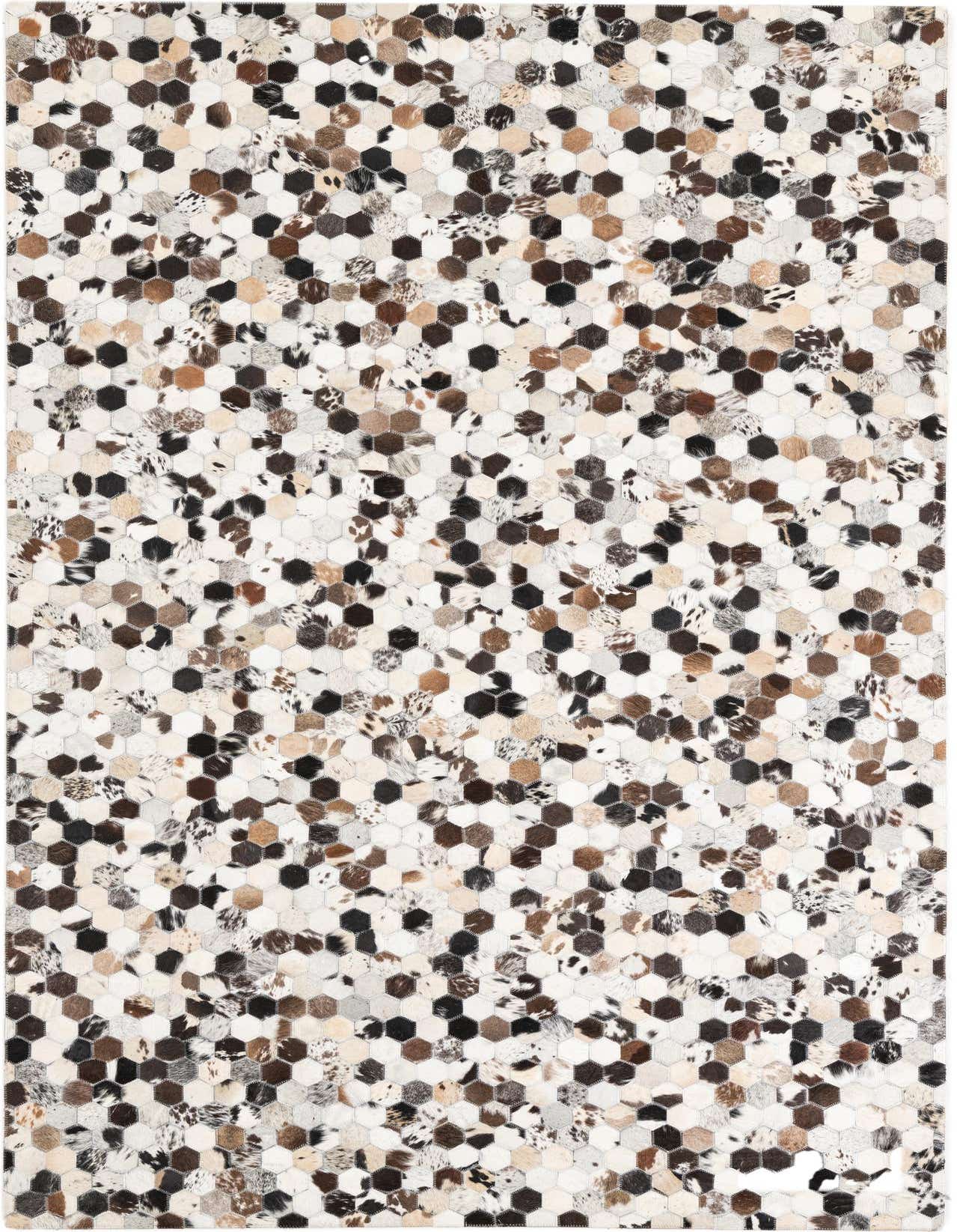 A 5x8 rectangular Cowhide Leather rug featuring a modern, abstract pattern of multi-colored hexagonal patches.