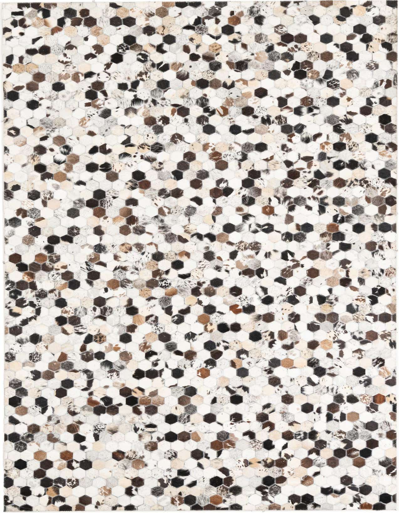 A 5x8 rectangular Cowhide Leather rug featuring a modern, abstract pattern of multi-colored hexagonal patches in shades of brown, black, and white.