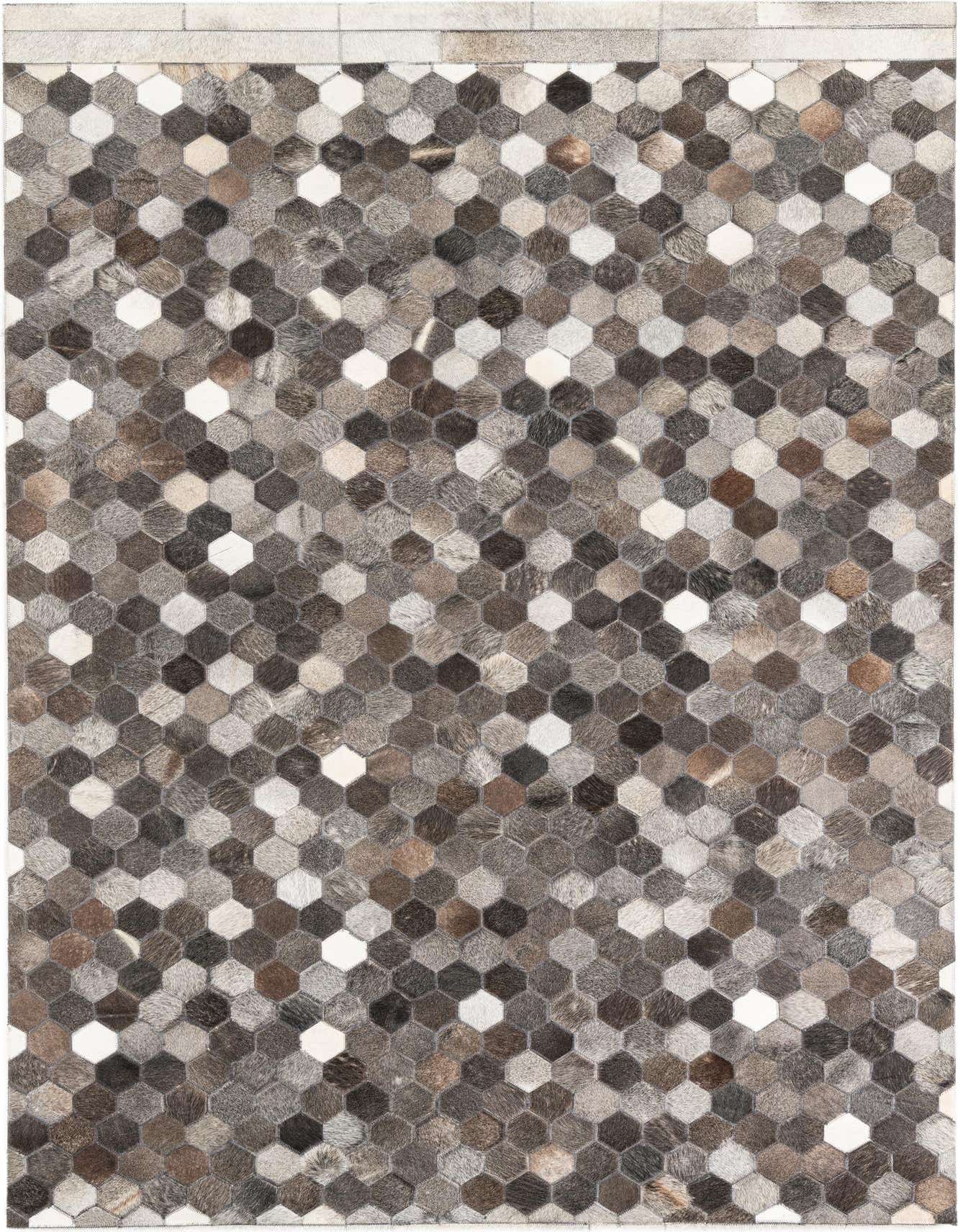 A 5x8 rectangular rug featuring a modern, abstract pattern of multi-colored hexagonal cowhide and leather patches.