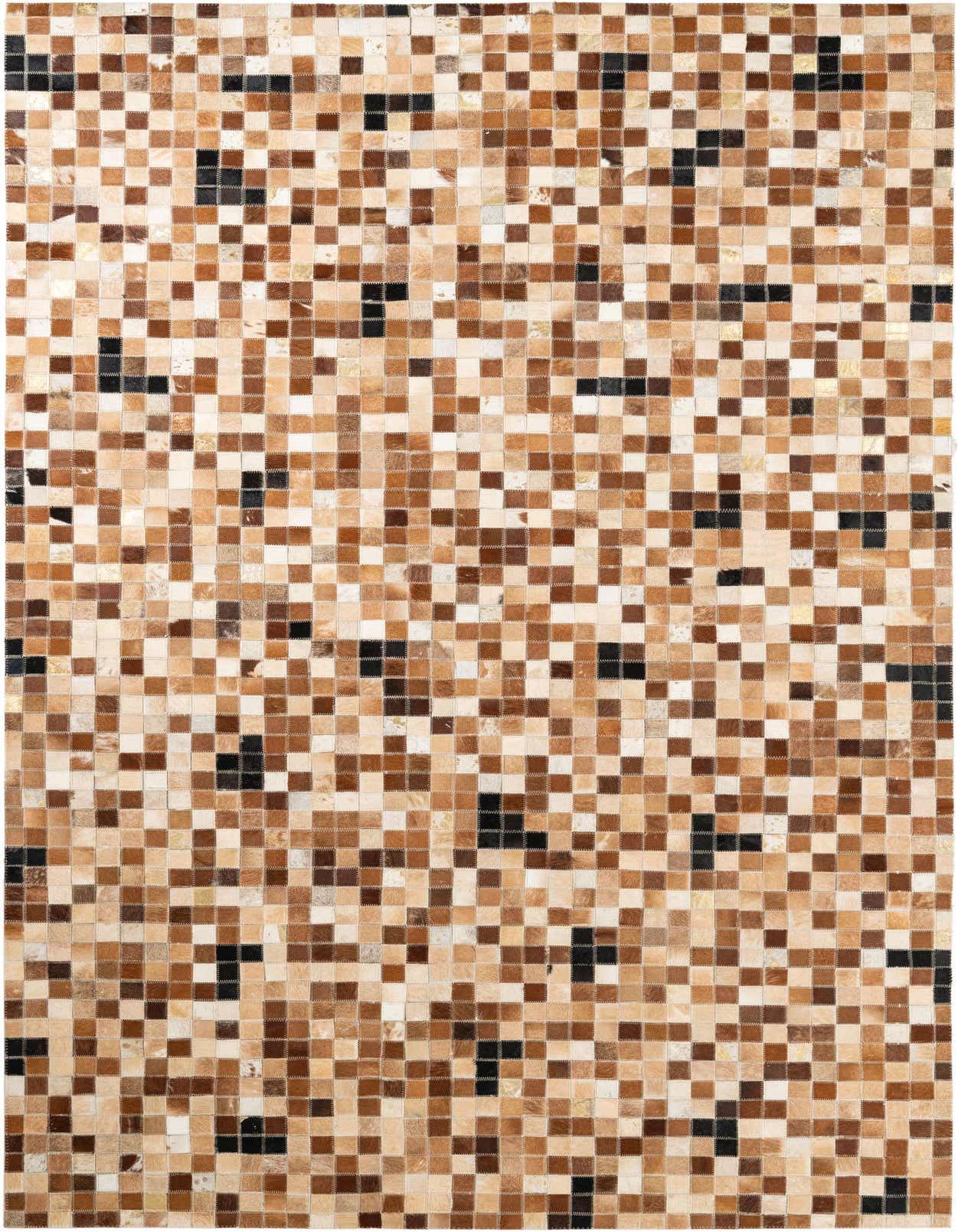 A rectangular 5x8 modern cowhide rug featuring a patchwork of multi-colored brown, black, and cream squares.