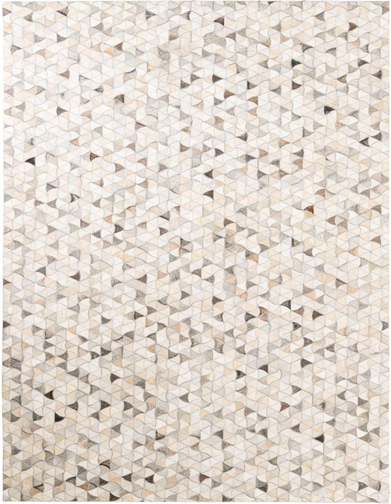 A 5x8 rectangular rug featuring a modern, abstract pattern of multi-colored cowhide and leather triangles in various shades of brown, beige, and gray.