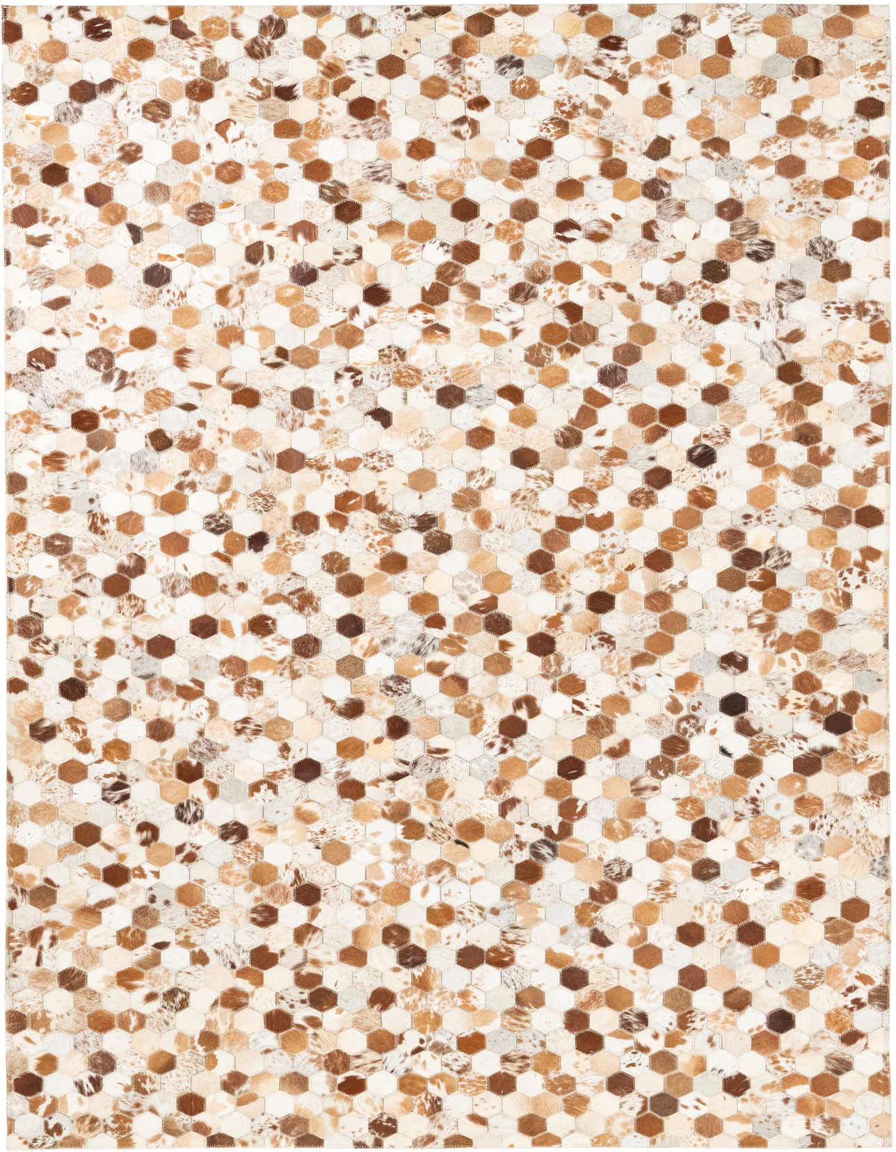 A rectangular 5x8 modern rug made of multi-colored cowhide and leather hexagons, perfect for a living room.