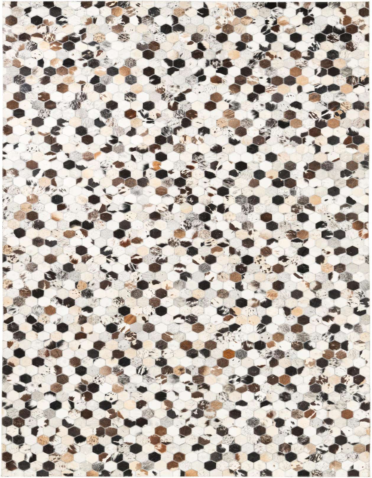 A 5x8 rectangular Cowhide Leather rug featuring a modern, abstract pattern of multi-colored hexagonal patches in browns, blacks, and whites.