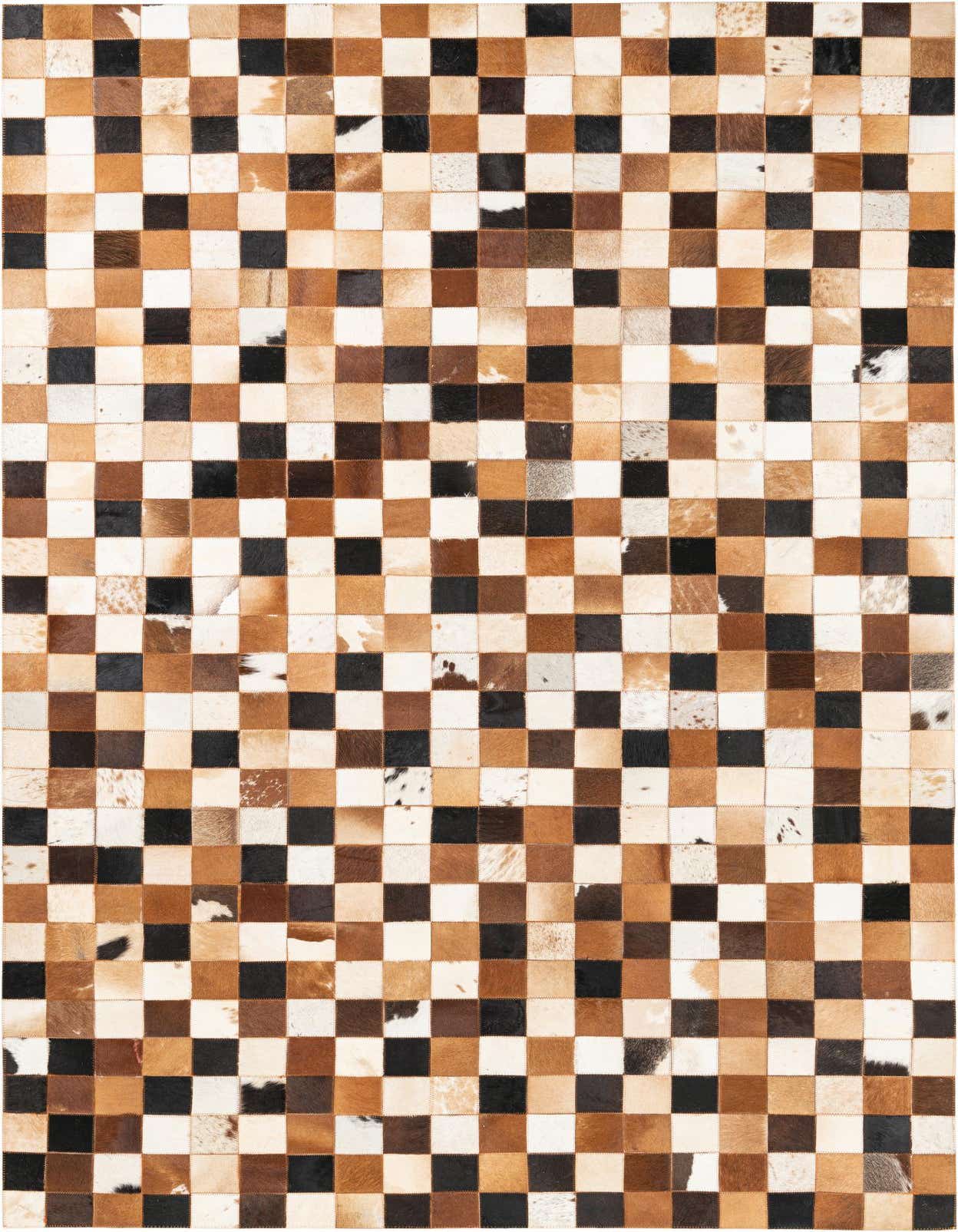 A 5x8 rectangular Cowhide Leather rug featuring a modern, abstract checkerboard pattern in multi-colored natural cowhide patches.