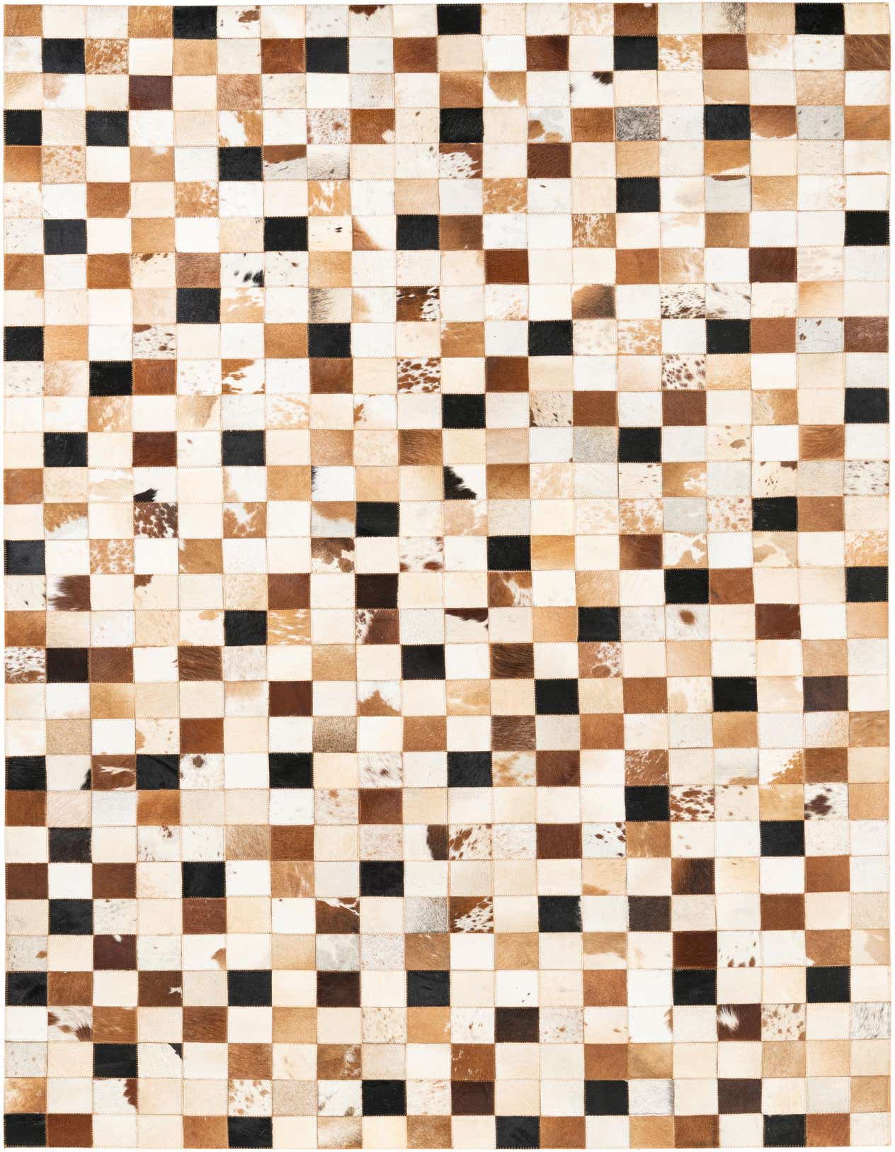 A rectangular 5x8 area rug made from a patchwork of multi-colored cowhide squares in shades of brown, black, and white.