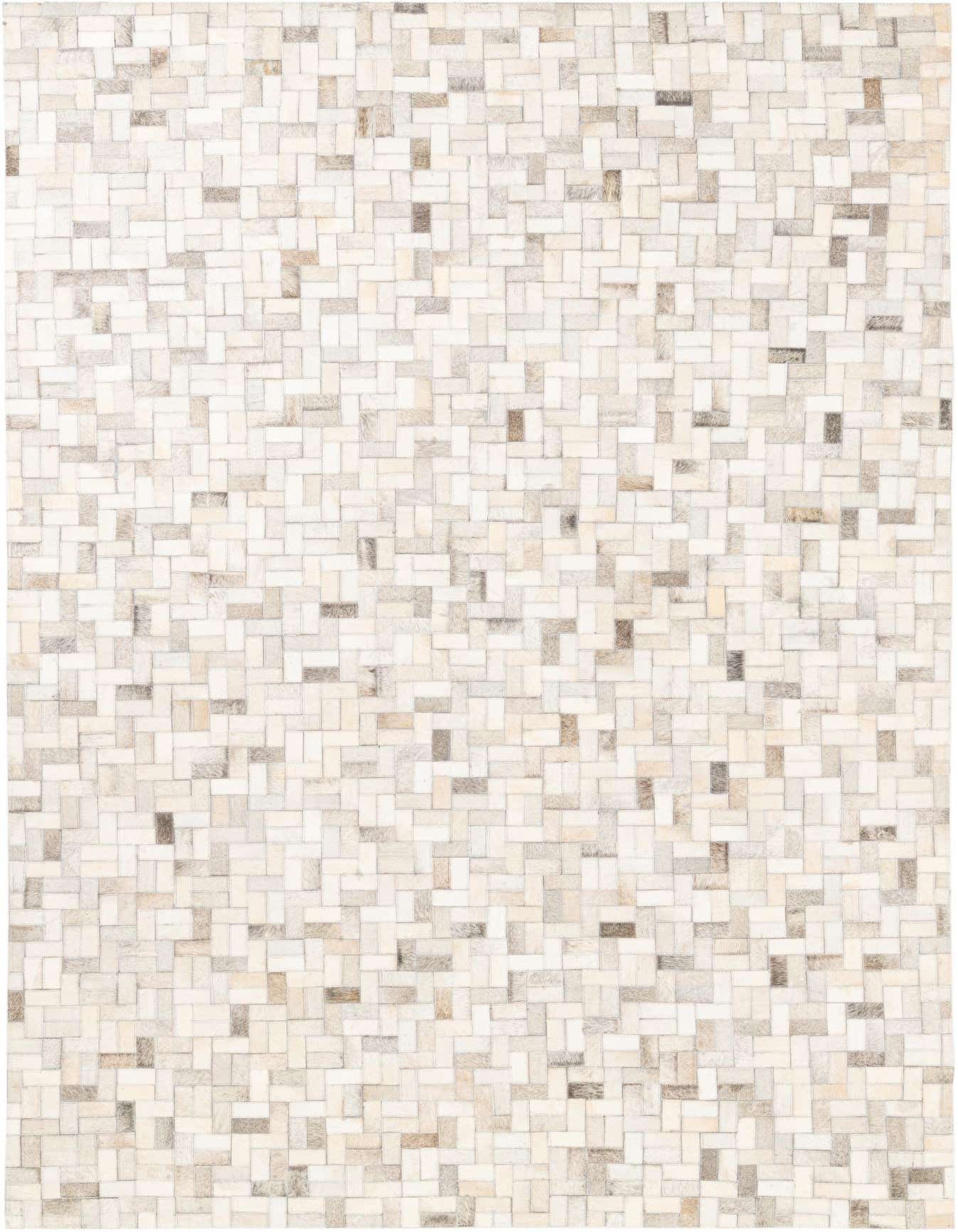 A rectangular 5x8 modern cowhide and leather rug featuring a mosaic of multi-colored rectangular patches in various light and dark tones.