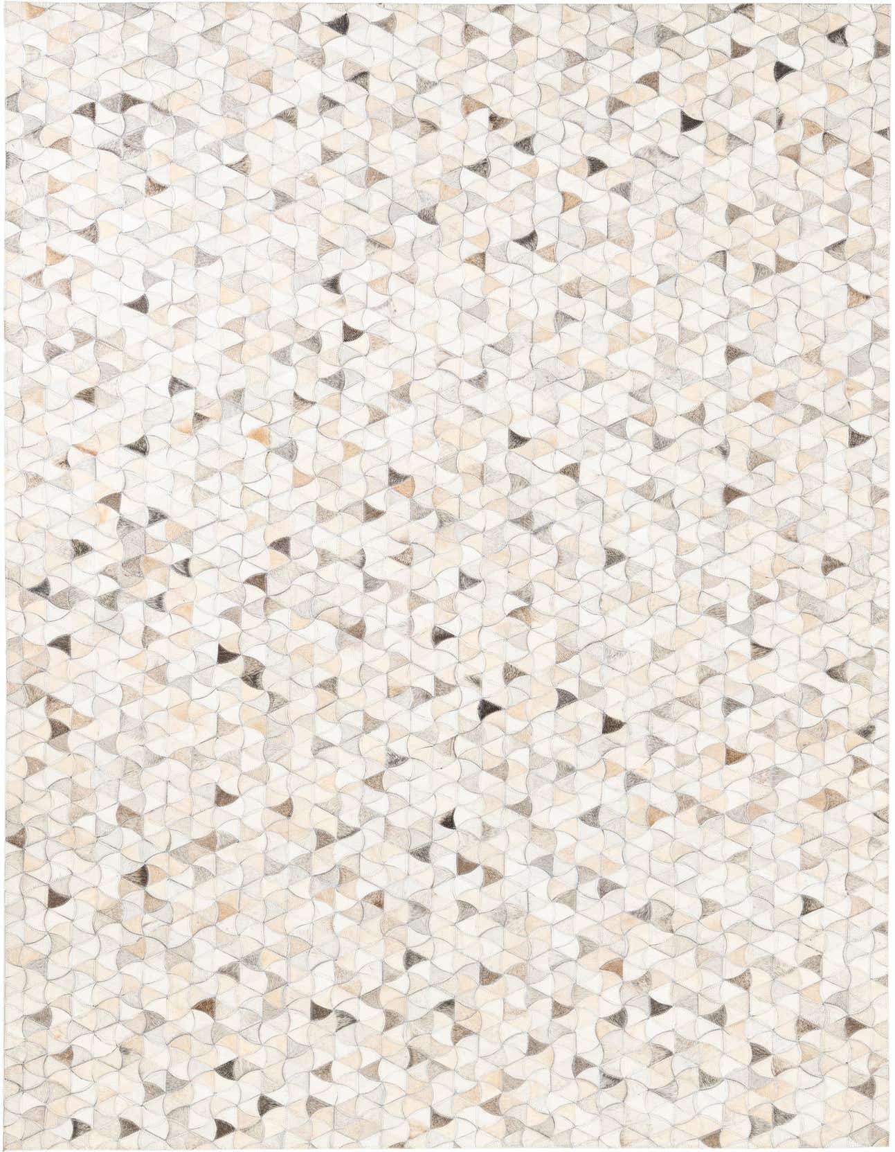 A 5x8 rectangular Cowhide Leather rug featuring a modern abstract pattern of multi-colored geometric shapes.