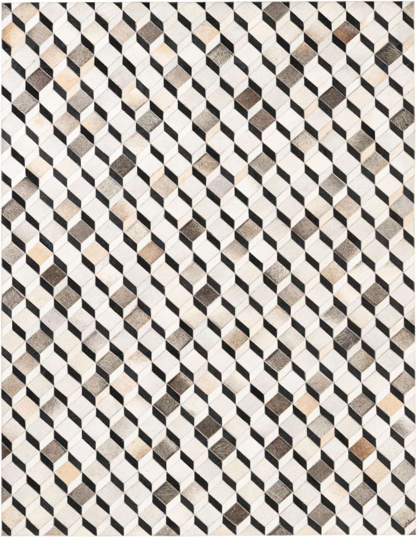 A 5x8 rectangular Cowhide Leather rug featuring a modern, abstract 3D cube pattern in multi-colored shades of white, beige, brown, and black.