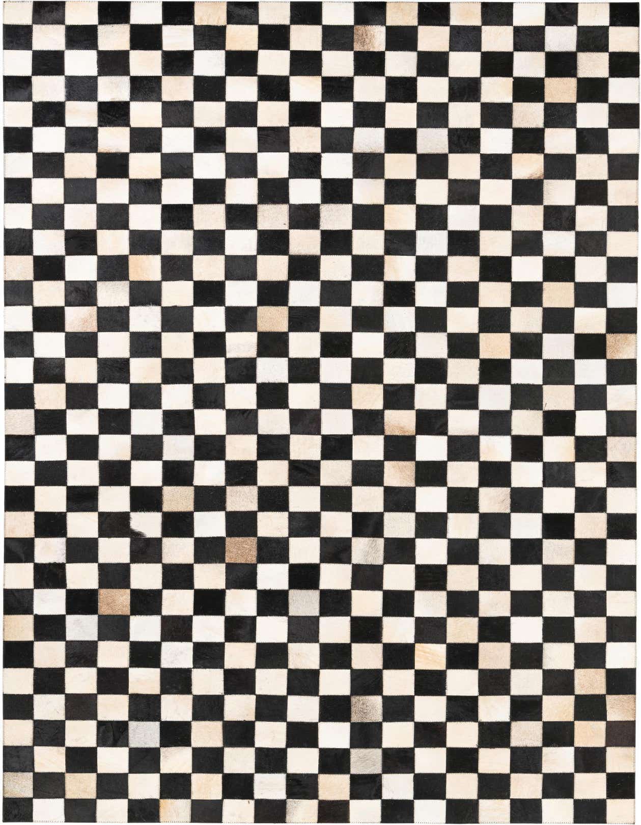 A 5x8 rectangular Cowhide Leather rug featuring a modern checkerboard pattern in black and off-white squares.