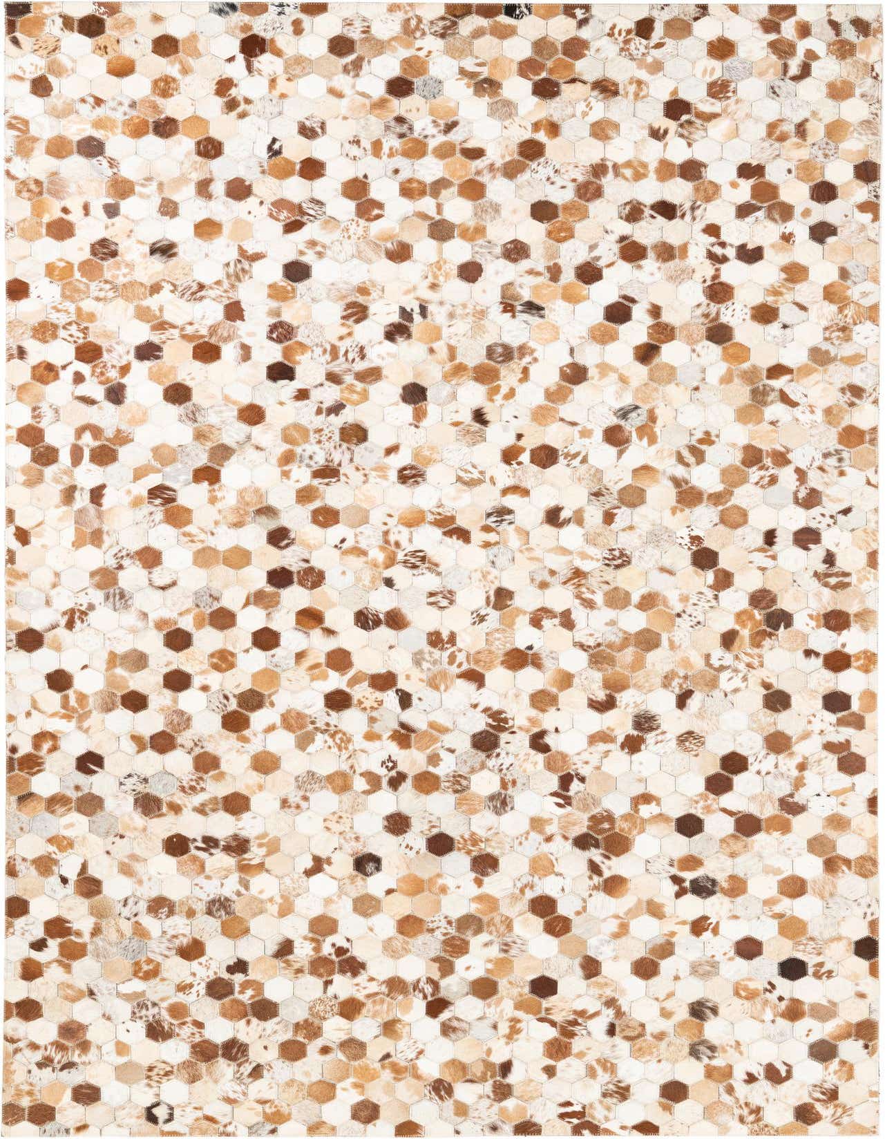 A 5x8 rectangular Cowhide Leather rug featuring a modern, abstract pattern of multi-colored hexagonal patches in shades of brown, tan, and white.