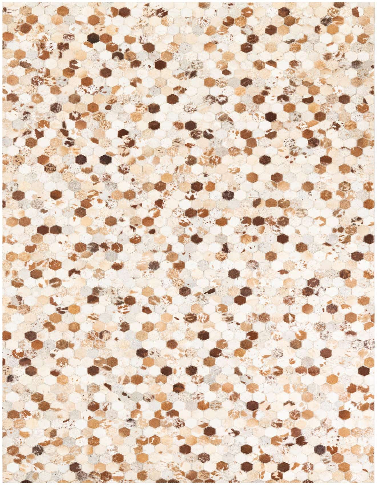 A 5x8 rectangular rug featuring a modern, abstract pattern of multi-colored cowhide and leather hexagons in shades of brown, tan, and cream.