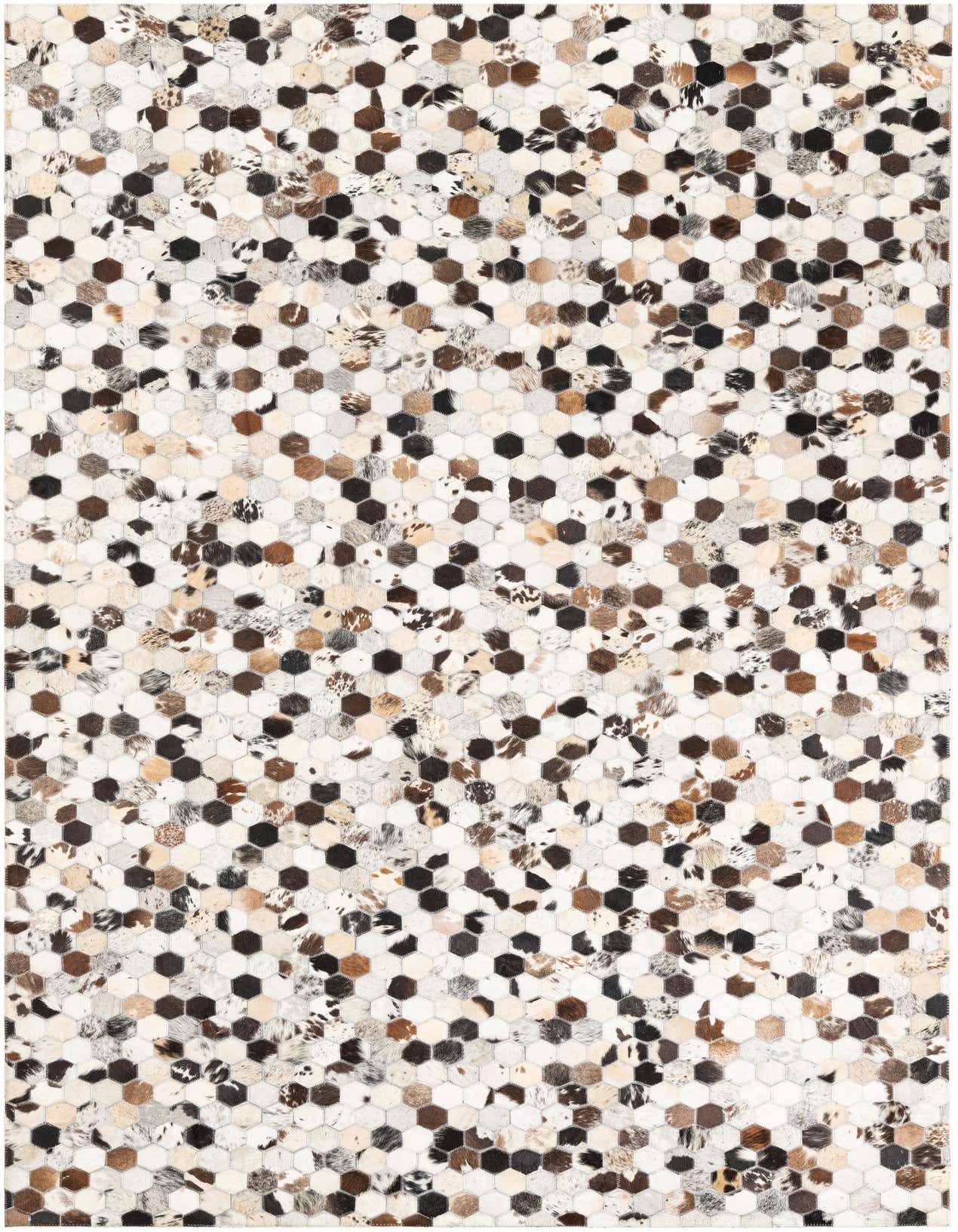 A 5x8 rectangular Cowhide Leather rug featuring a modern, abstract pattern of multi-colored hexagonal patches.