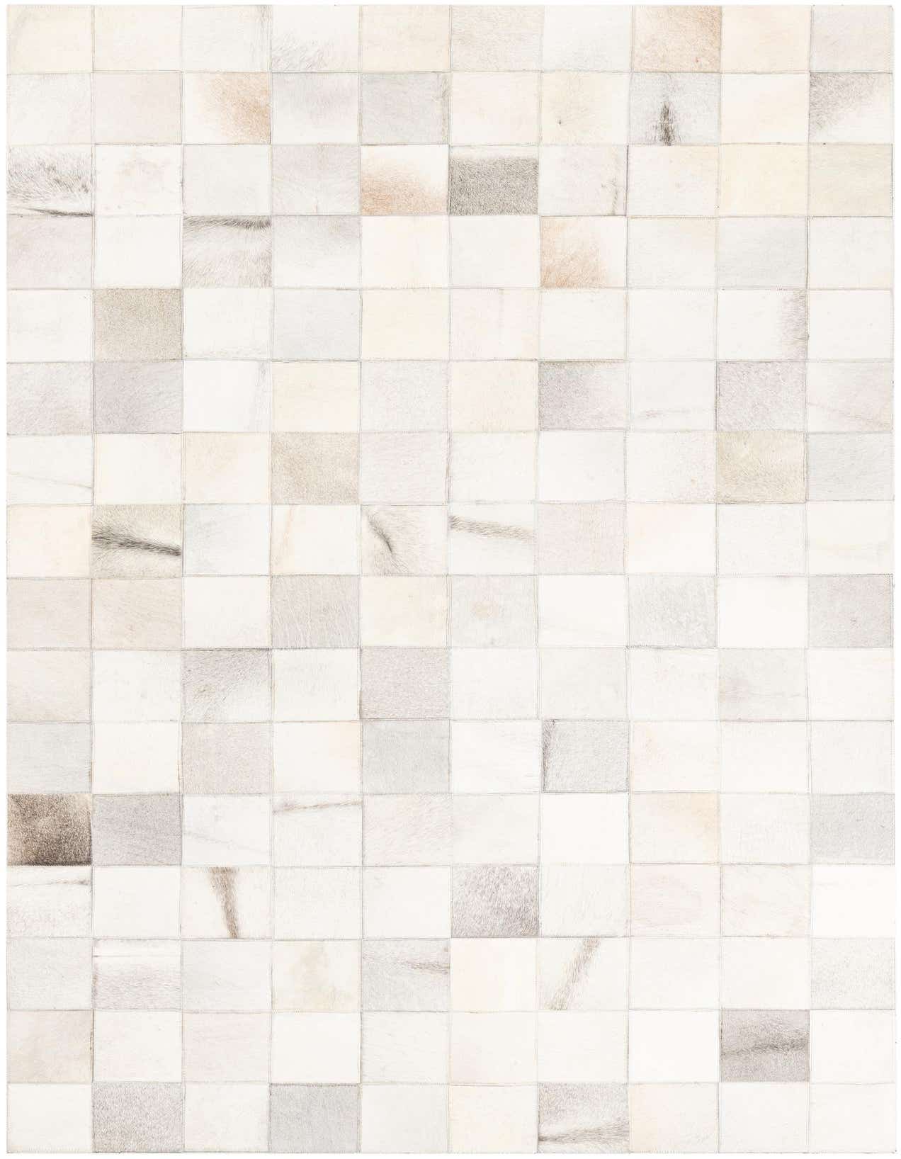 A 5x8 rectangular Cowhide Leather rug featuring a modern, abstract patchwork design in multi-colored natural tones.