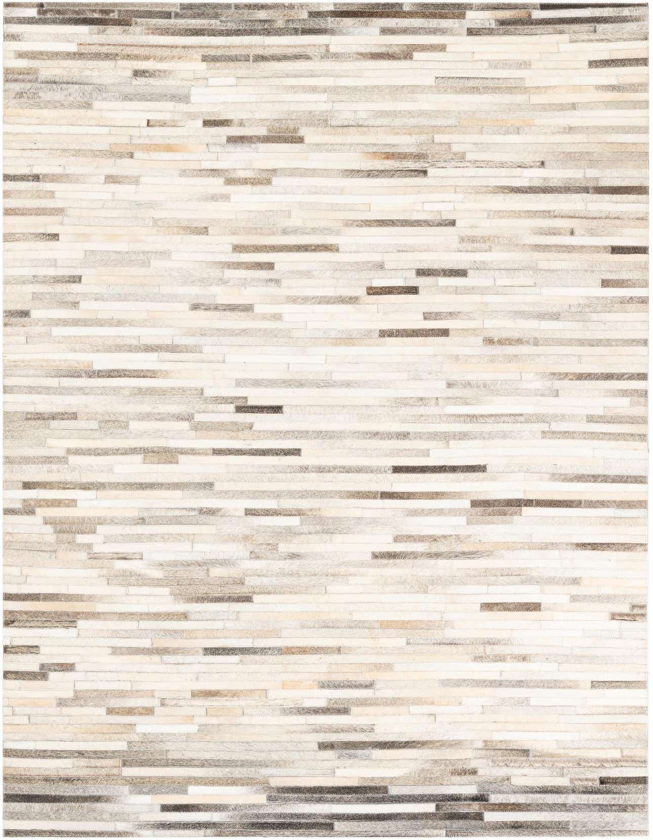 A 5x8 rectangular Cowhide Leather rug featuring a modern stripe pattern in multi-colored natural tones.