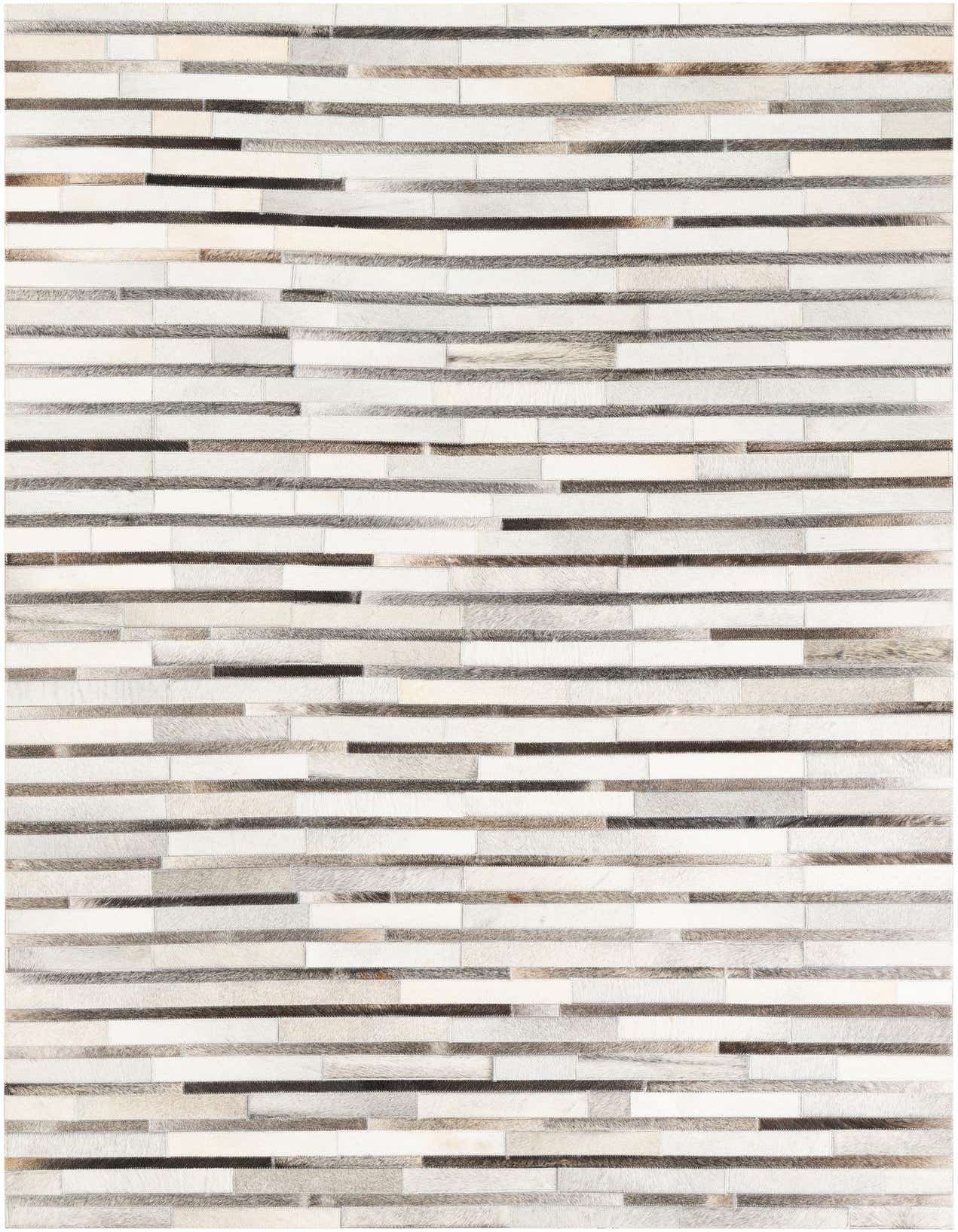 A rectangular 5x8 modern stripe rug made of multi-colored cowhide and leather, featuring horizontal strips in various natural tones.