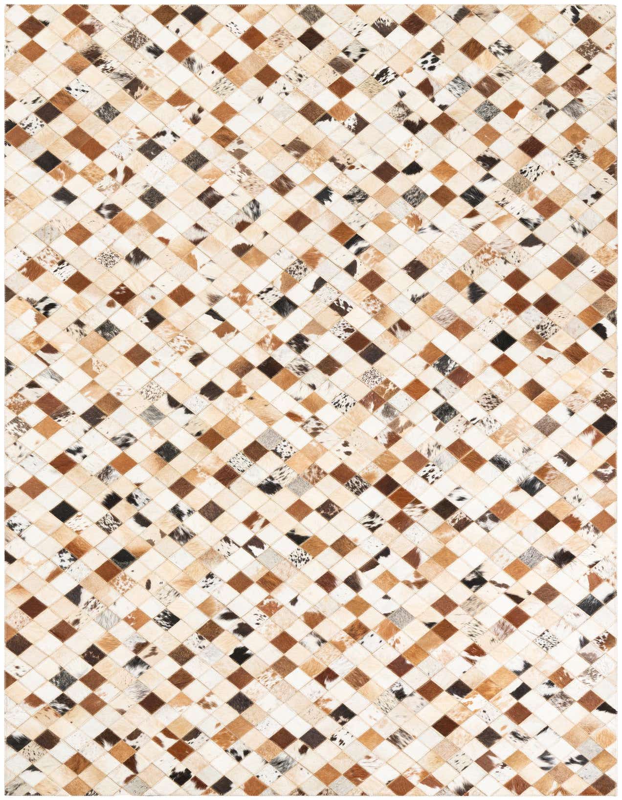 A 5x8 rectangular Cowhide Leather rug featuring a modern, abstract pattern of multi-colored diamond-shaped patches.