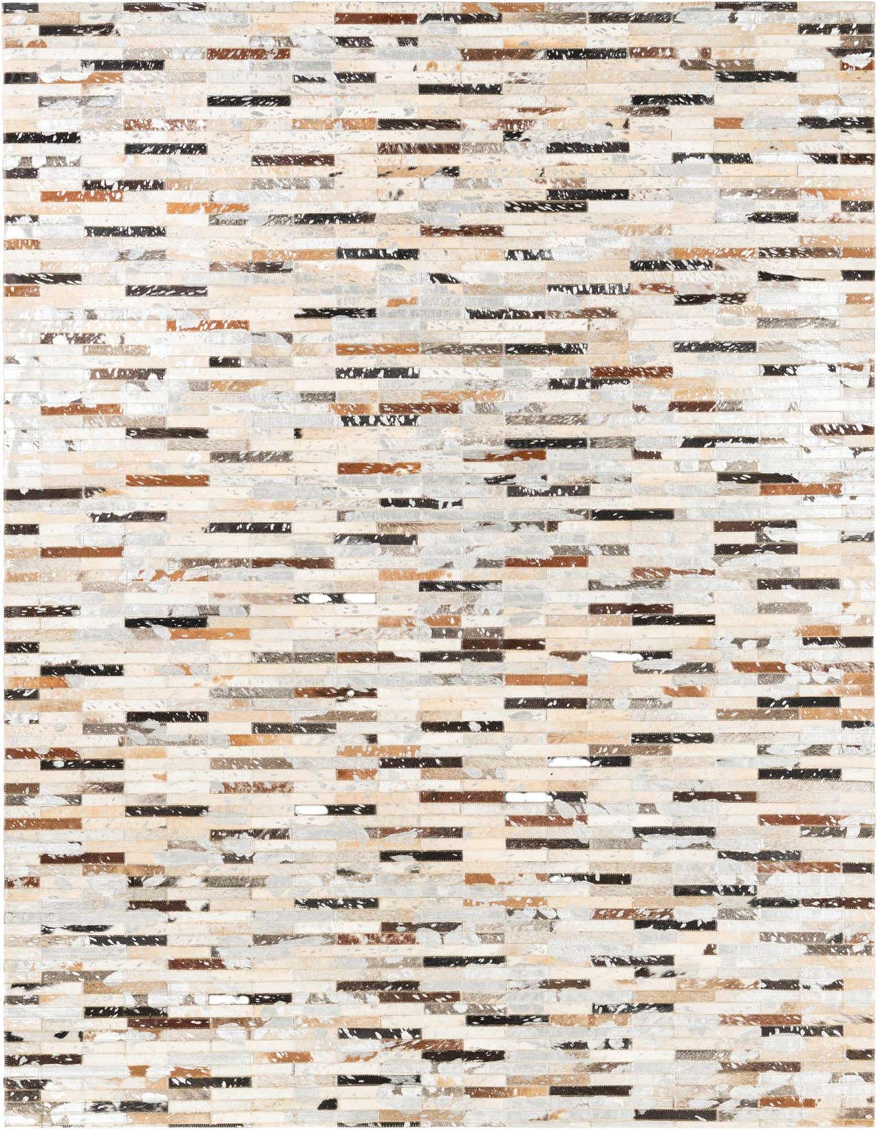 A 5x8 rectangular Cowhide Leather rug featuring a modern stripe pattern in multi-colored natural tones.