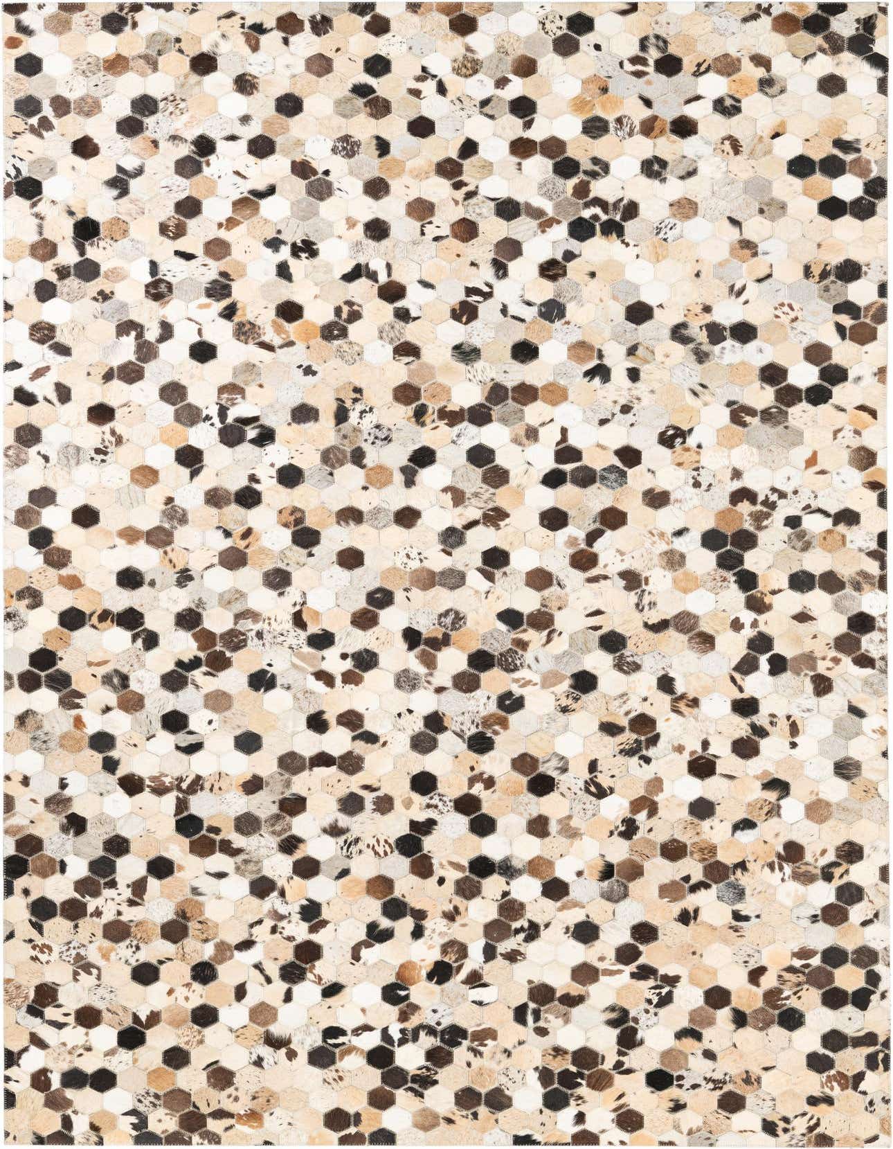 A 5x8 rectangular Cowhide & Leather rug featuring a modern multi-colored hexagonal pattern in shades of brown, black, and cream.