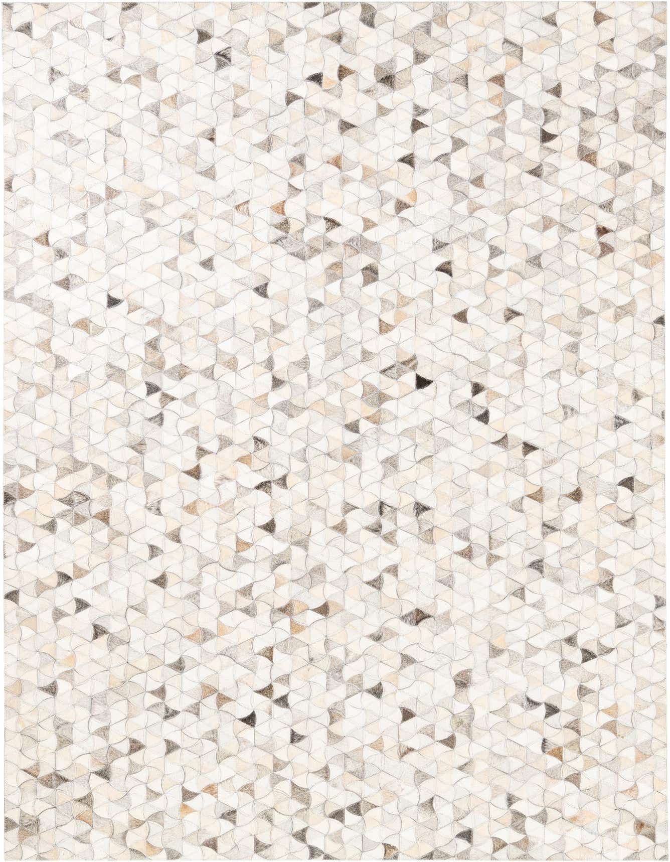 A 5x8 rectangular Cowhide Leather rug featuring a modern abstract pattern of multi-colored geometric shapes in various shades of brown, beige, and white.