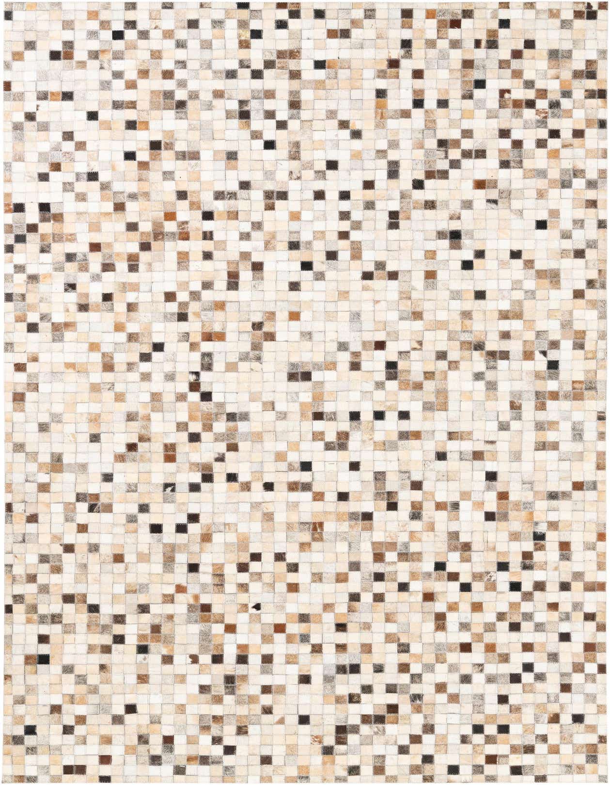 A 5x8 rectangular Cowhide Leather rug featuring a modern, abstract pattern of multi-colored square patches in natural brown, beige, and black tones.