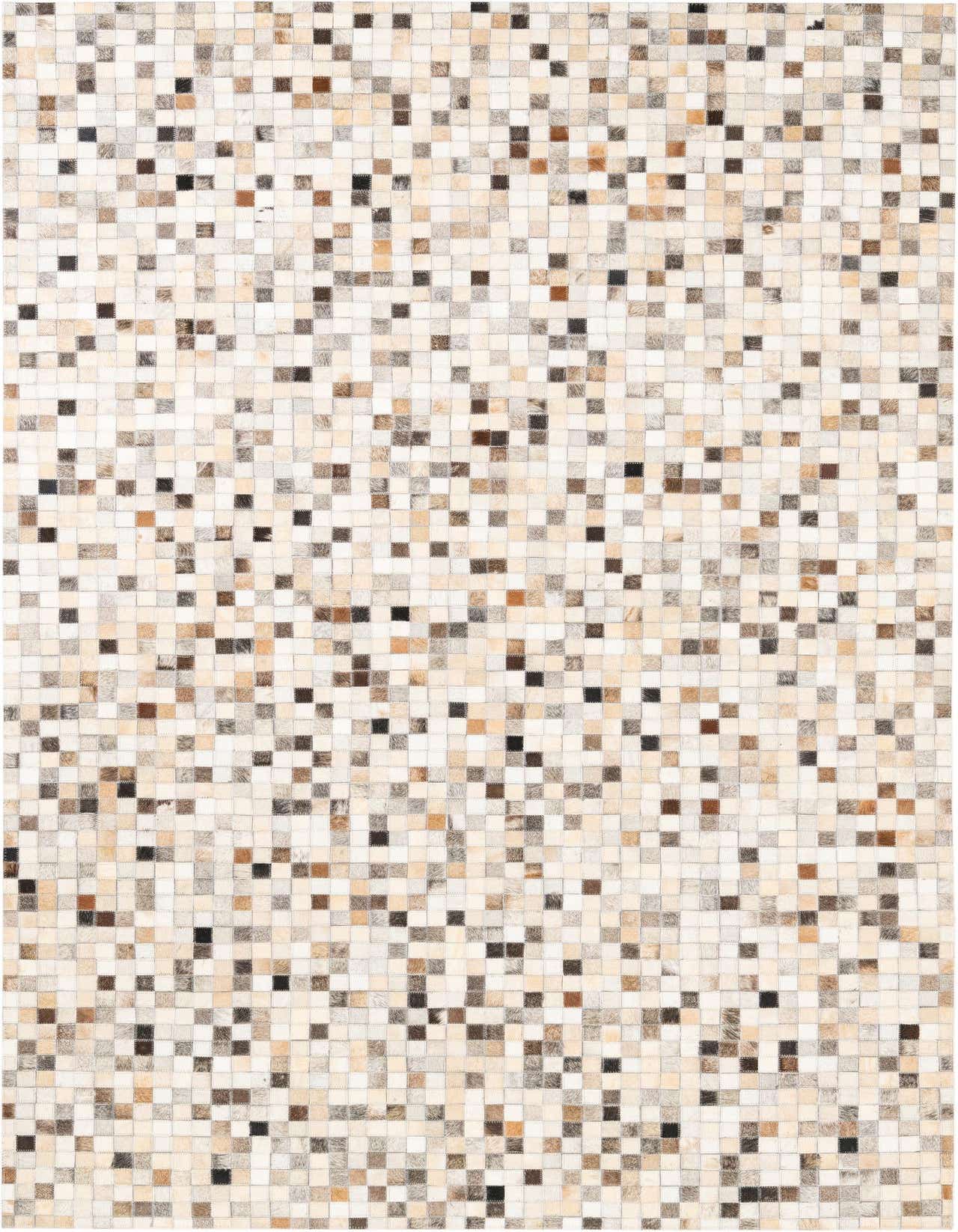 A 5x8 rectangular Cowhide & Leather rug featuring a modern, abstract mosaic pattern of multi-colored squares in various shades of brown, beige, and white.