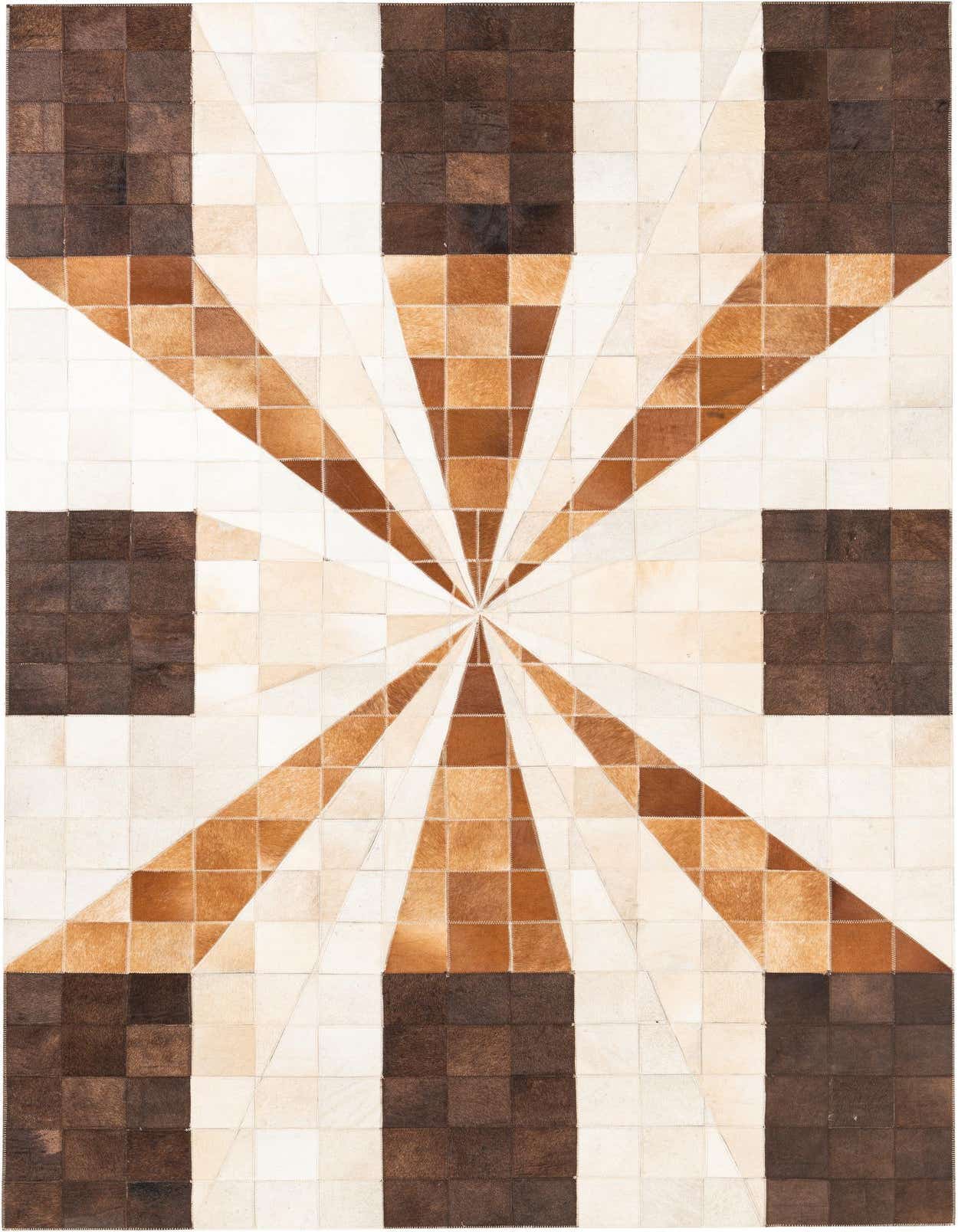 A 5x8 rectangular cowhide rug featuring a modern abstract design with radiating light brown and white panels from the center, framed by dark brown squares at the corners and mid-sides.