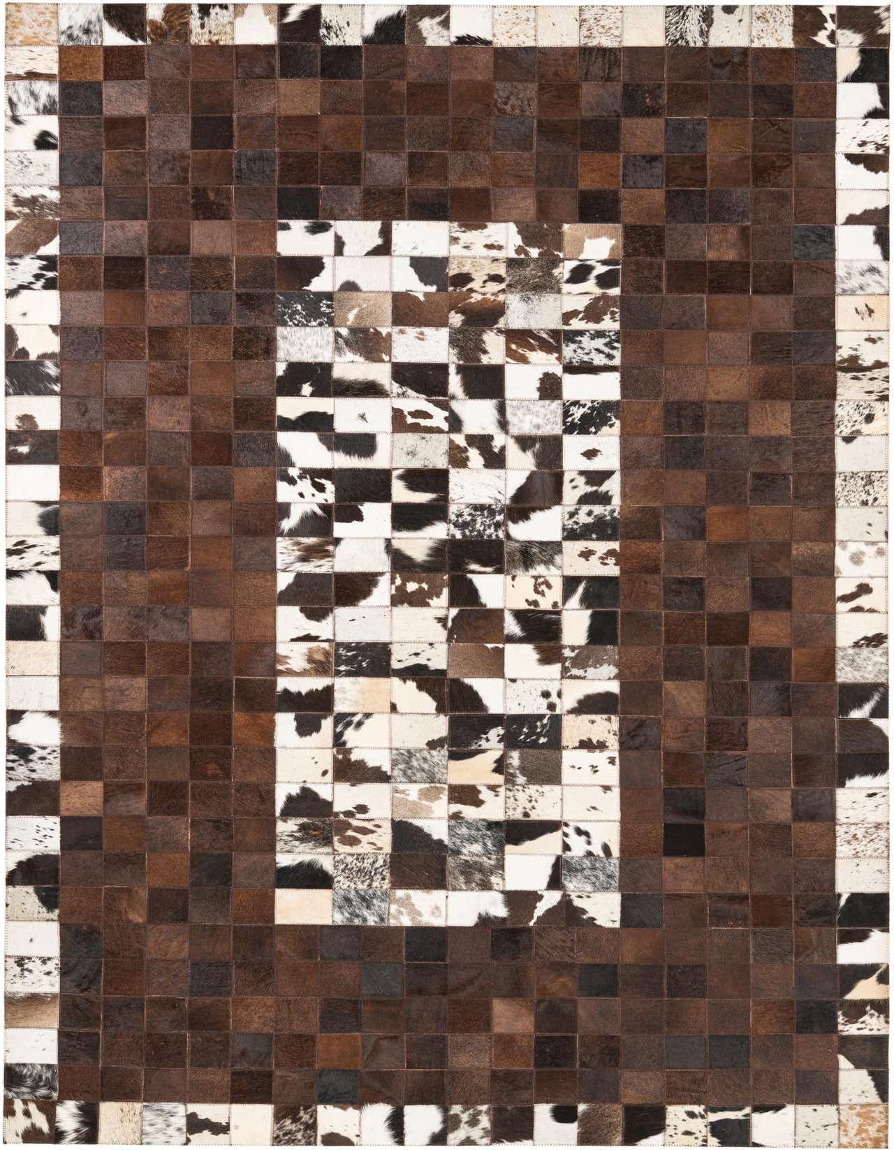 A 5x8 rectangular rug made from multi-colored cowhide and leather patches, featuring a modern, abstract checkerboard pattern of brown and white squares.